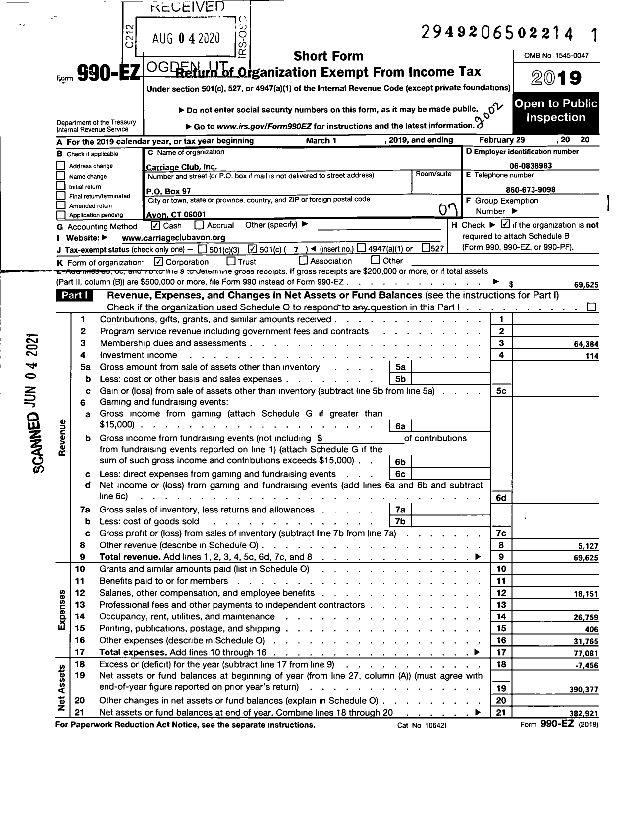 Image of first page of 2019 Form 990EO for Carriage Club