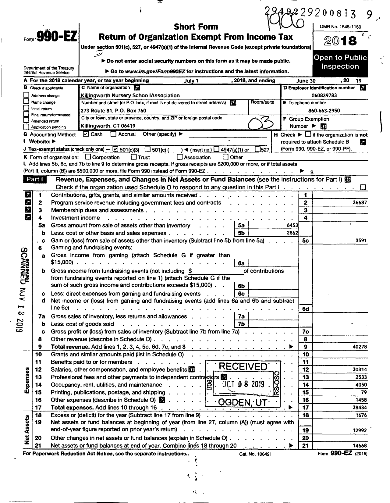 Image of first page of 2018 Form 990EZ for Killingworth Nursery School Association