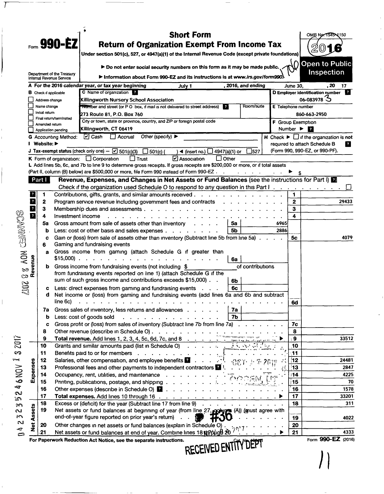 Image of first page of 2016 Form 990EZ for Killingworth Nursery School Association