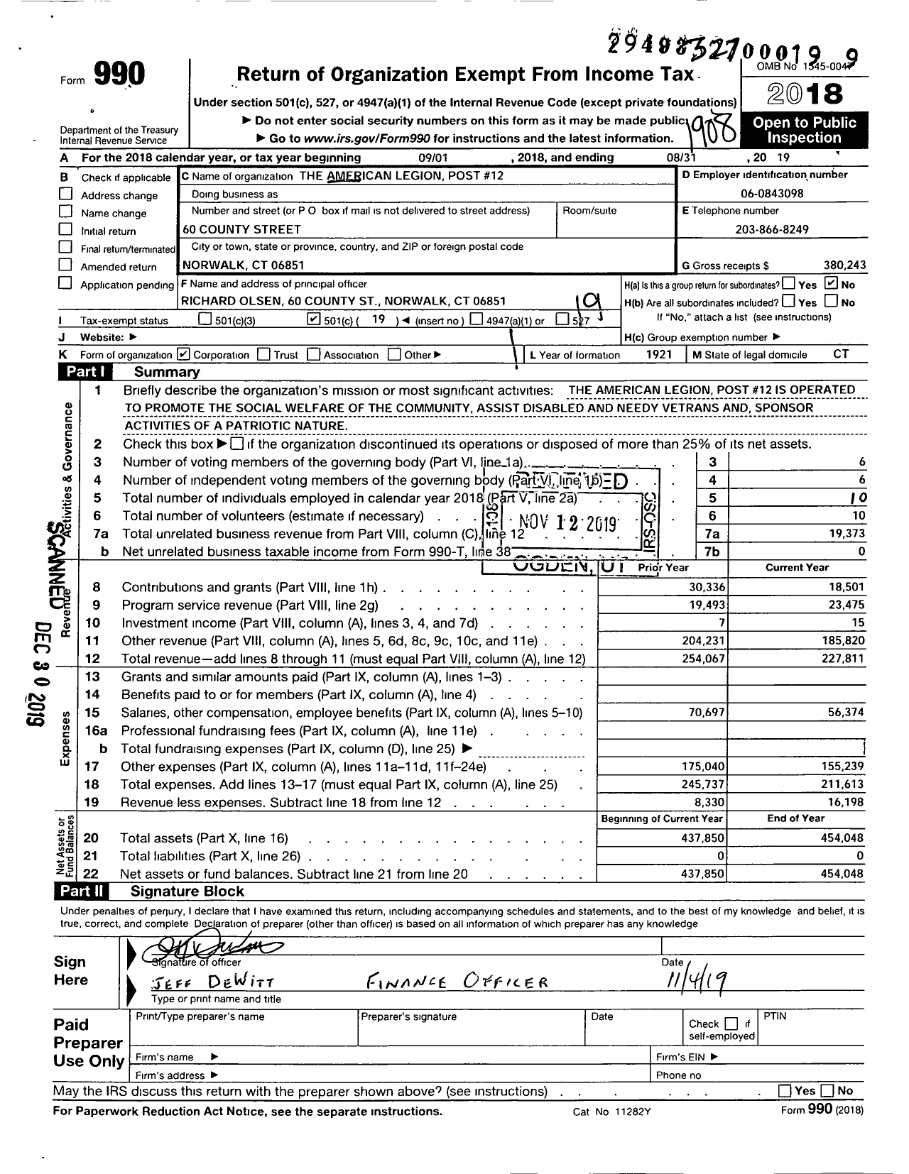 Image of first page of 2018 Form 990O for American Legion - 12 Frank C Godfrey