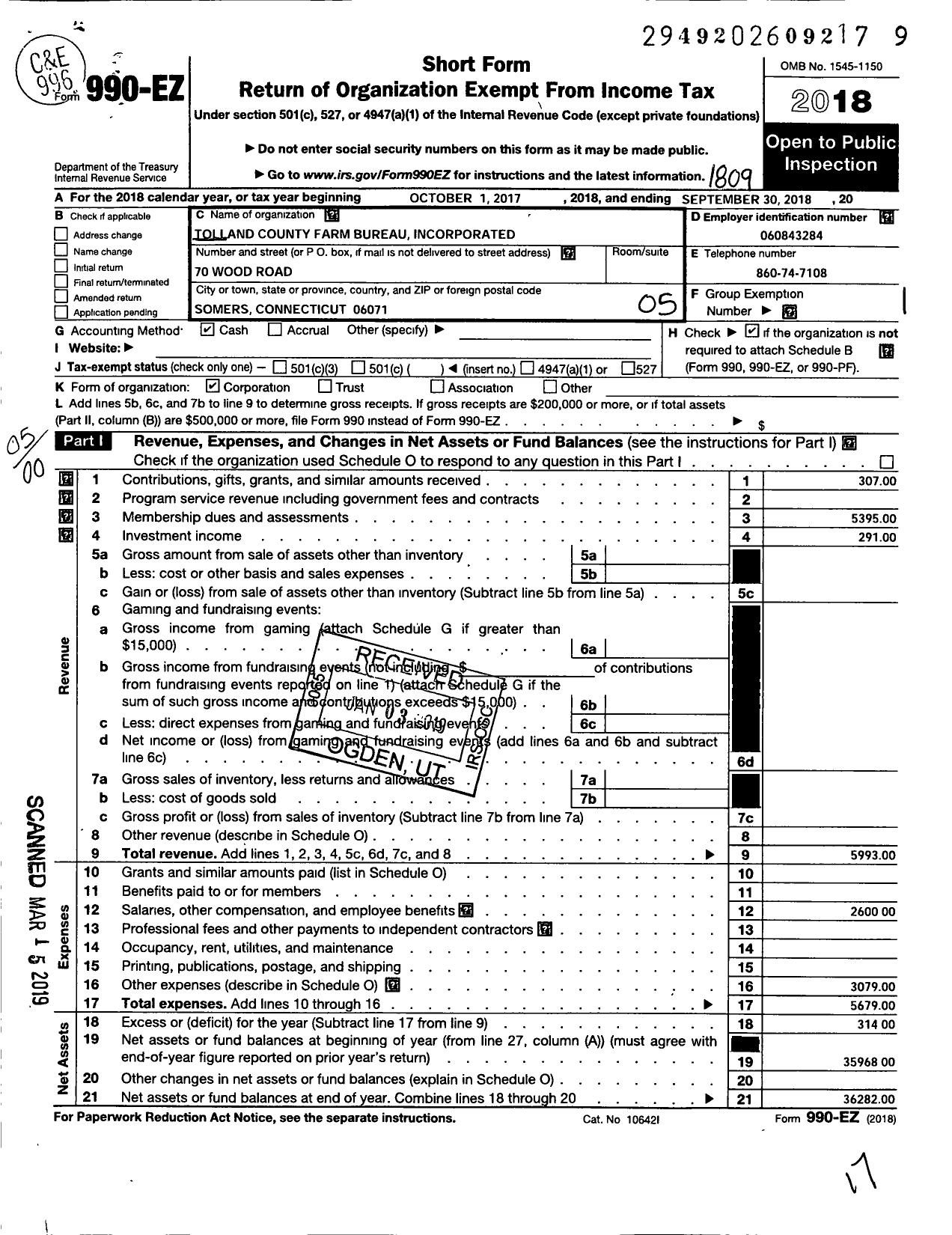 Image of first page of 2017 Form 990EO for Tolland County Farm Bureau