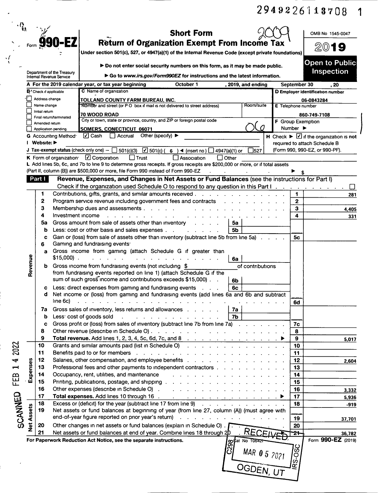 Image of first page of 2019 Form 990EO for Tolland County Farm Bureau