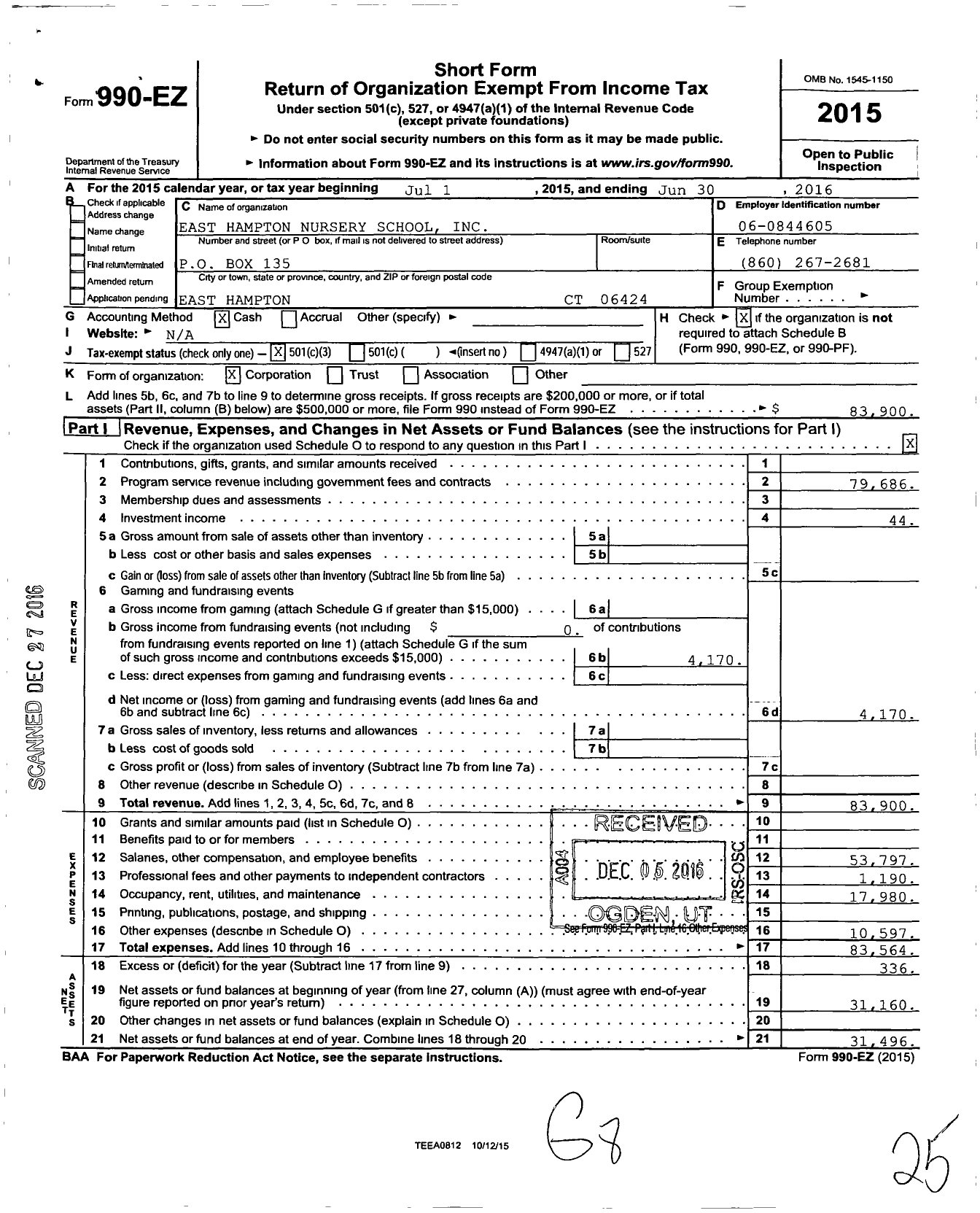 Image of first page of 2015 Form 990EZ for East Hampton Nursery School