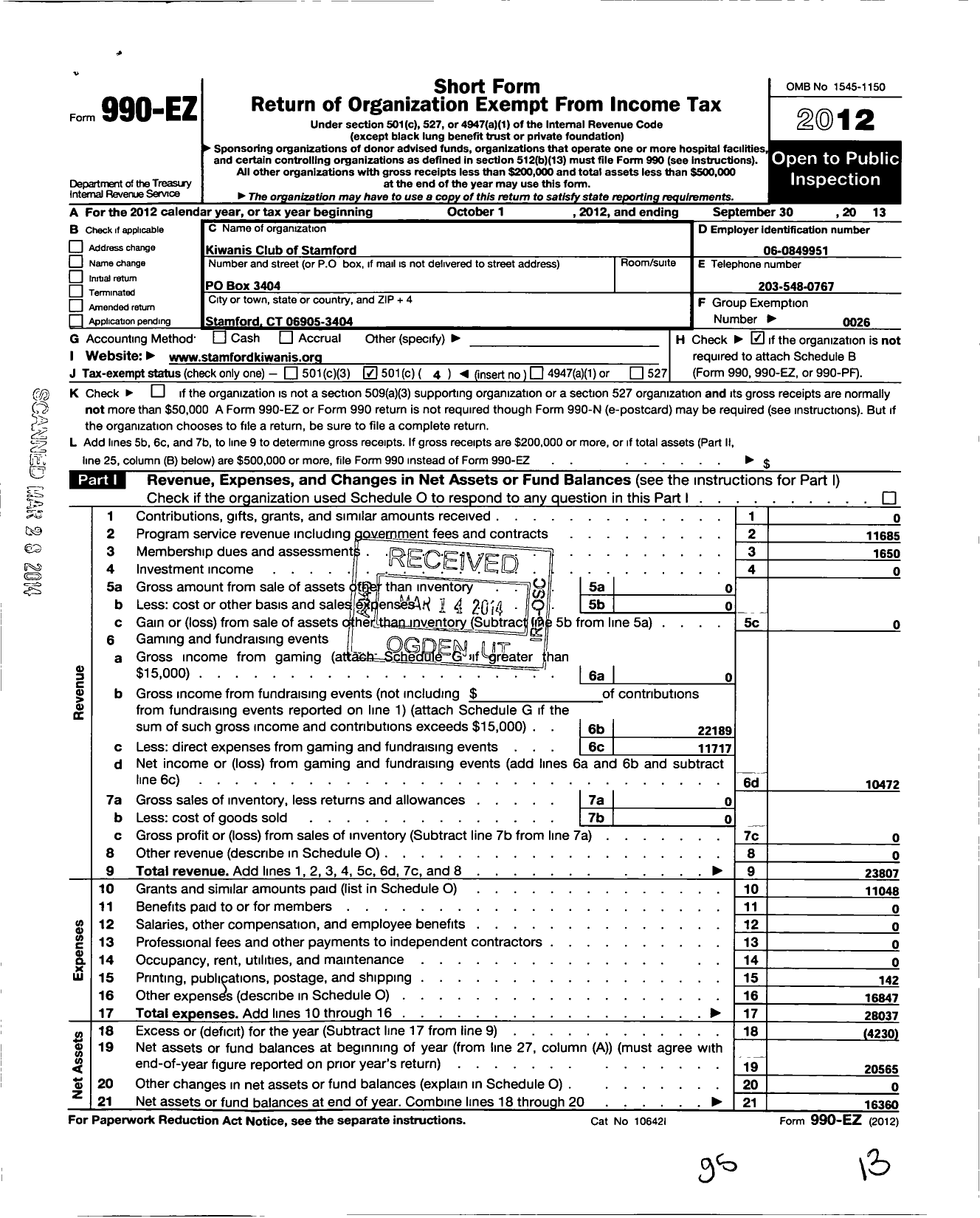 Image of first page of 2012 Form 990EO for Kiwanis International - K00116 Stamford