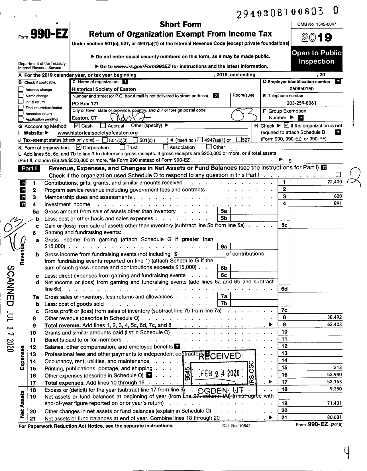 Image of first page of 2019 Form 990EZ for Historical Society of Easton