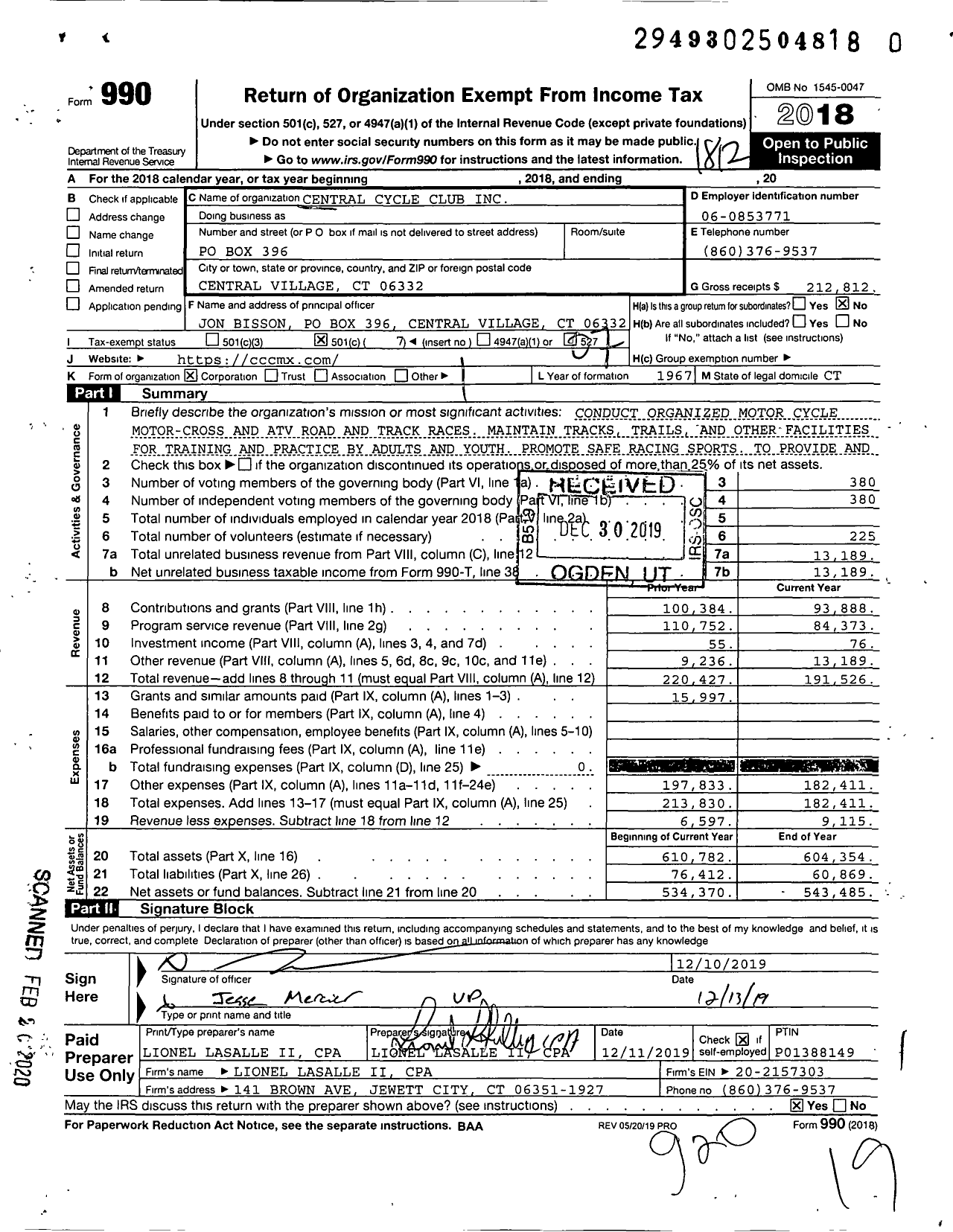 Image of first page of 2018 Form 990O for Central Cycle Club