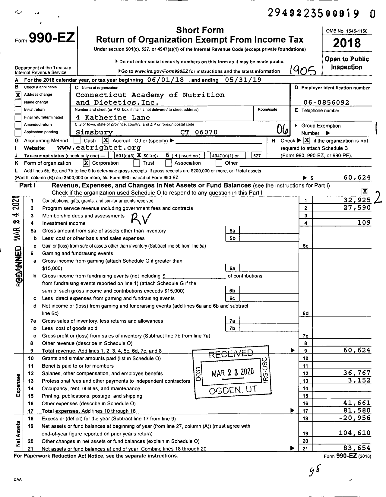 Image of first page of 2018 Form 990EO for Connecticut Academy of Nutrition and Dietetics