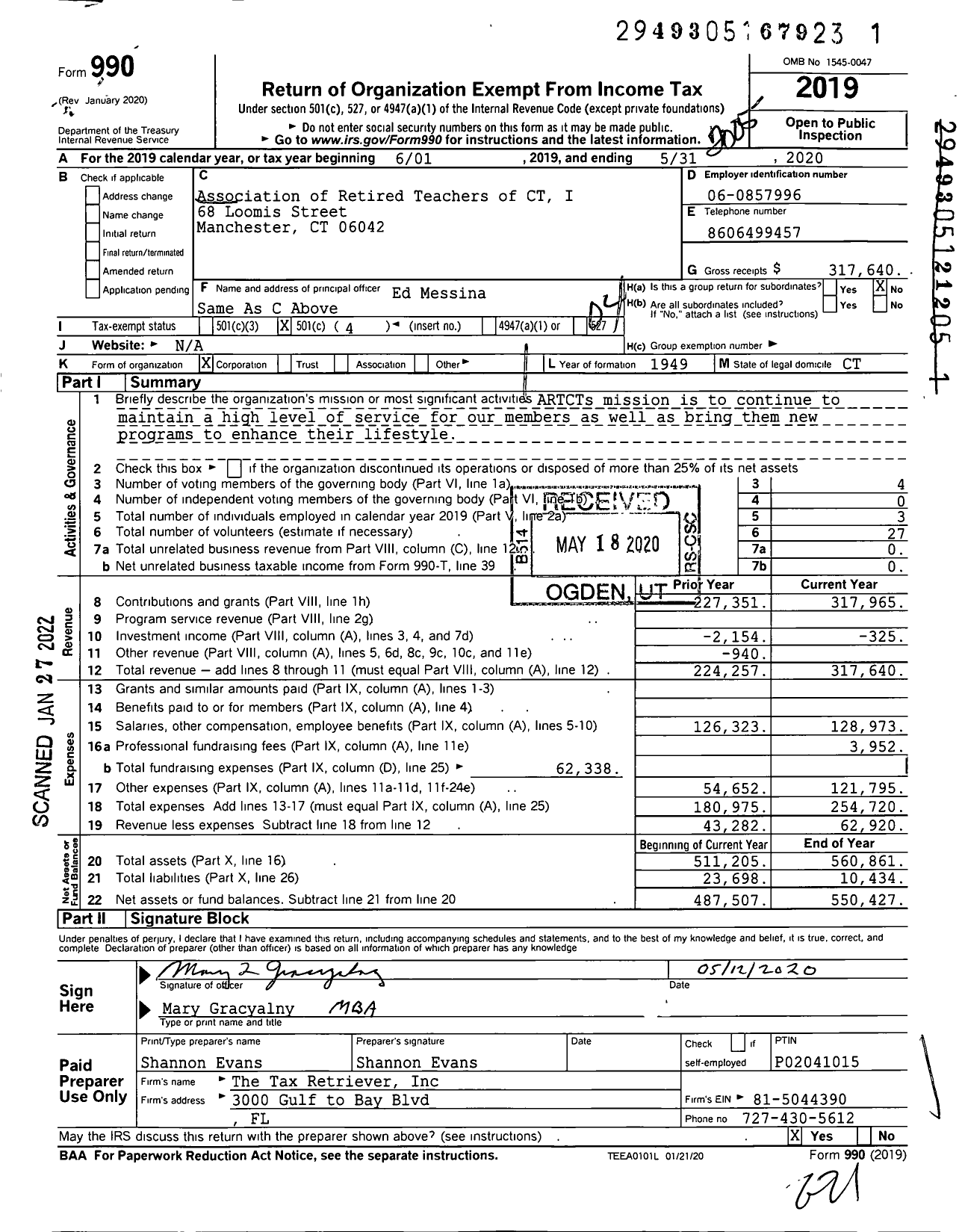 Image of first page of 2019 Form 990O for Association of Retired Teachers of CT