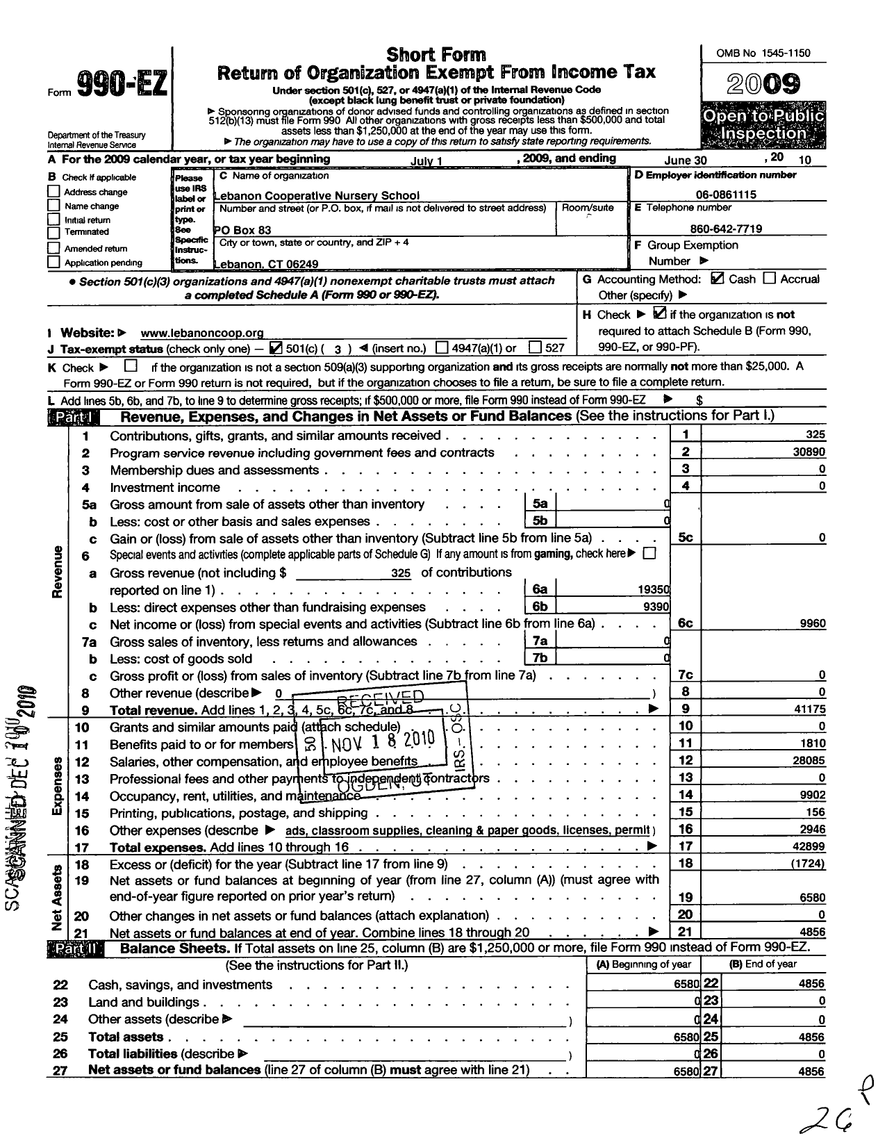 Image of first page of 2009 Form 990EZ for Lebanon Cooperative Nursery School