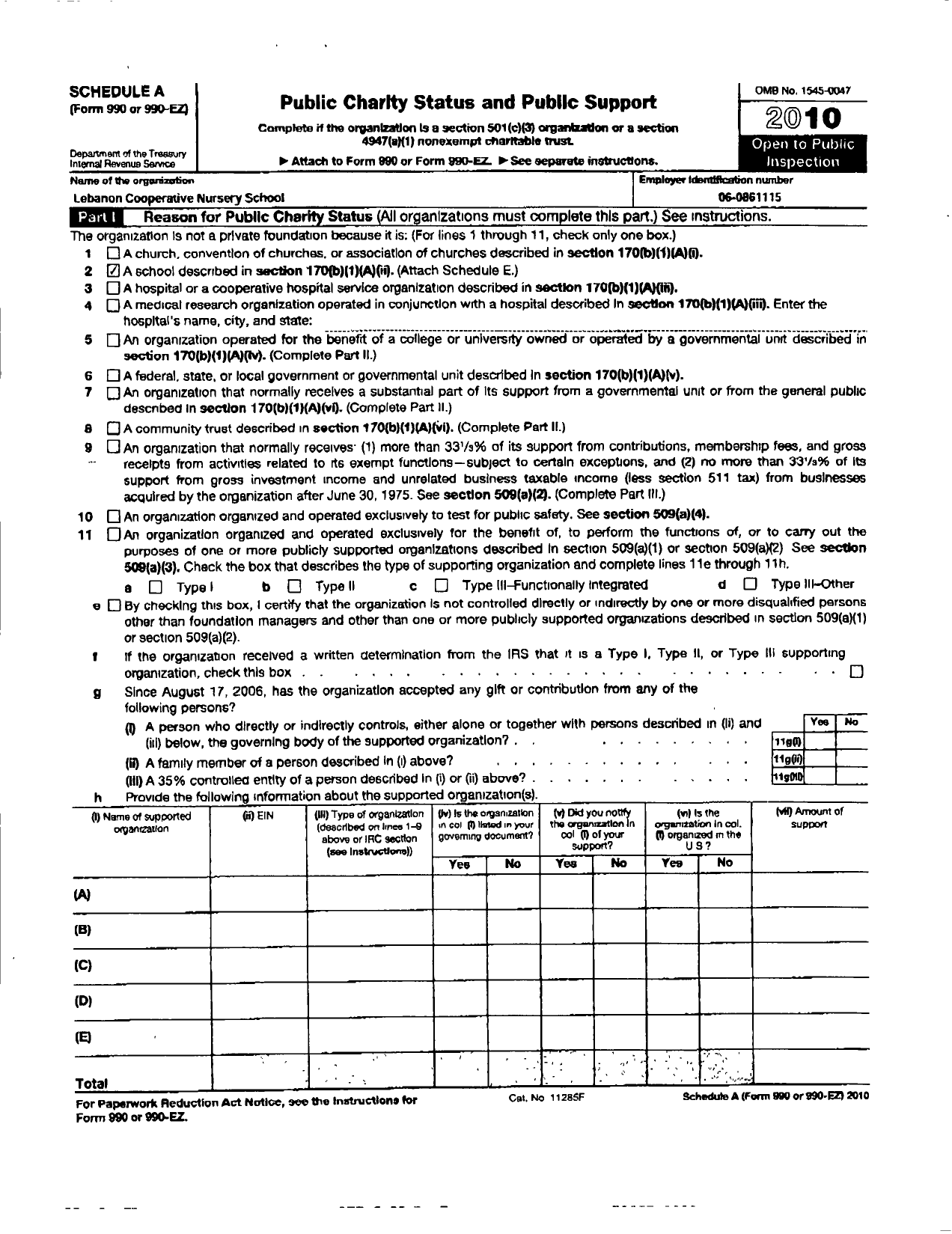 Image of first page of 2010 Form 990ER for Lebanon Cooperative Nursery School