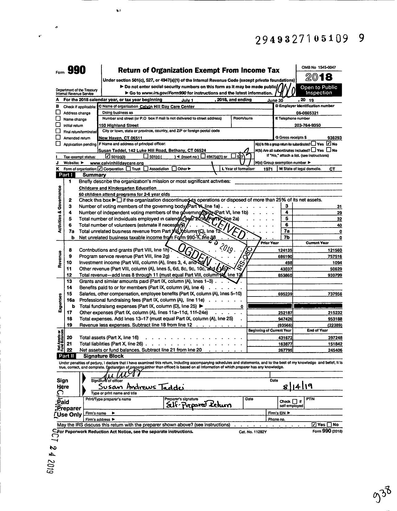 Image of first page of 2018 Form 990 for Calvin Hill Day Care Center