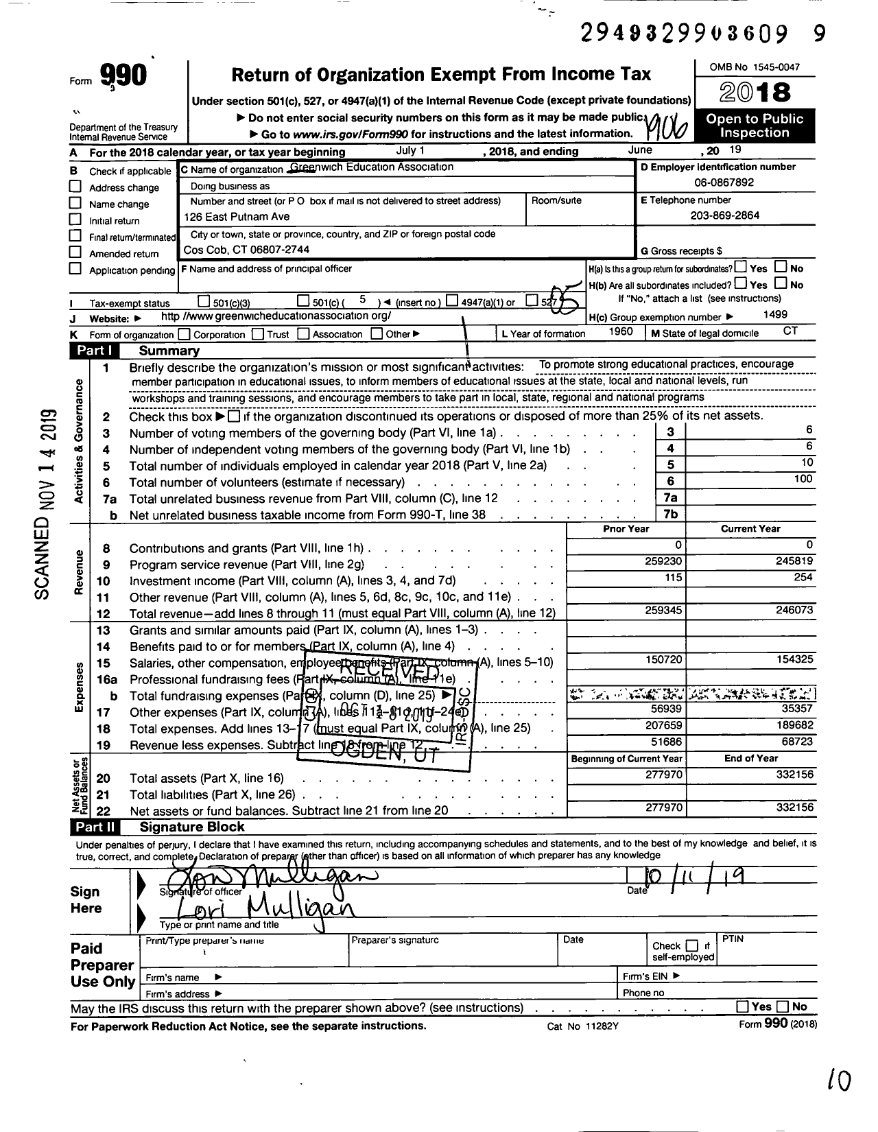 Image of first page of 2018 Form 990O for Connecticut Education Association - Greenwich