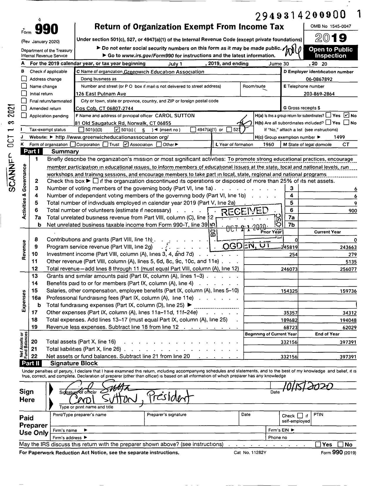 Image of first page of 2019 Form 990O for Connecticut Education Association - Greenwich