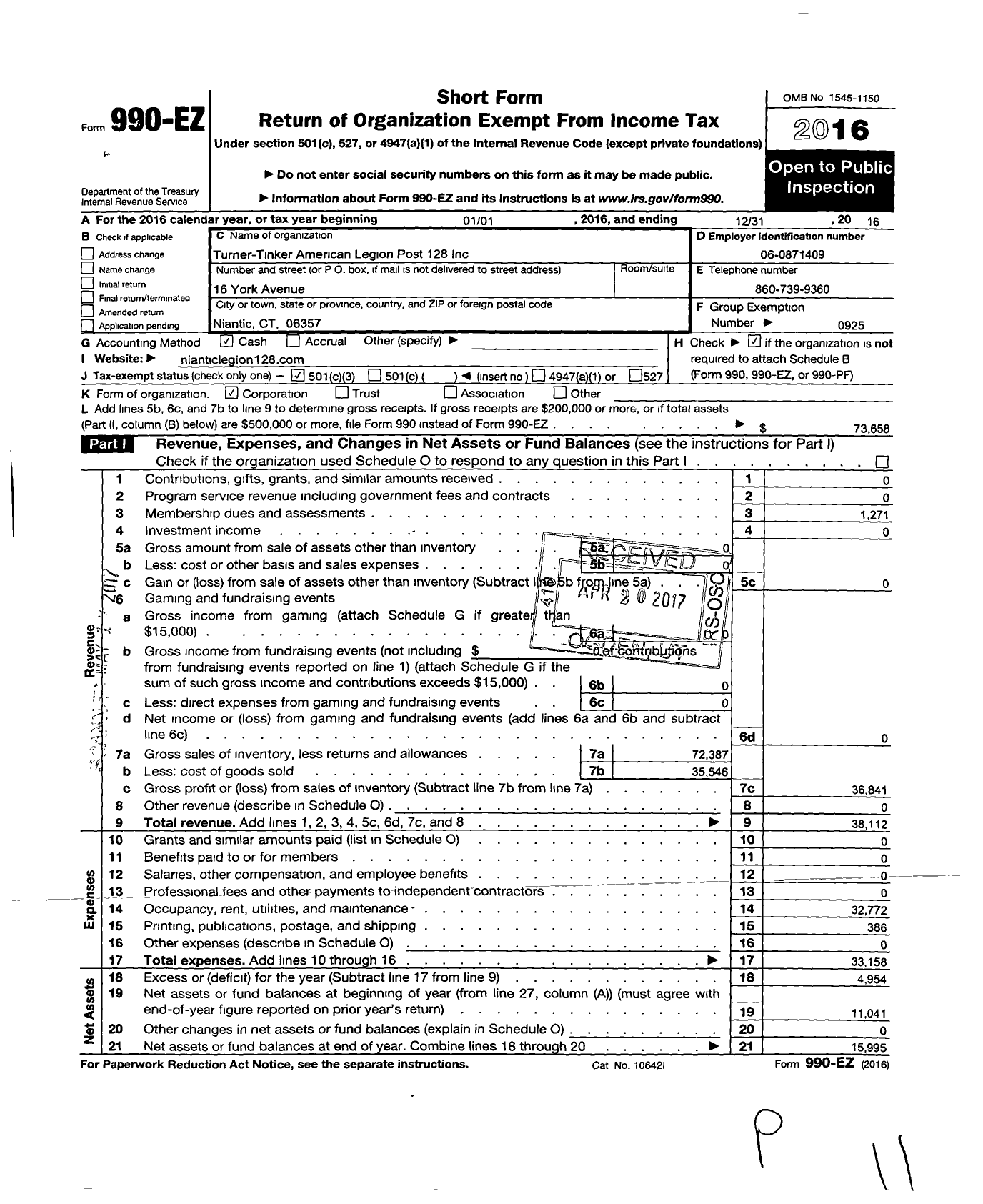 Image of first page of 2016 Form 990EZ for American Legion - 128 Turner-Tinker Post