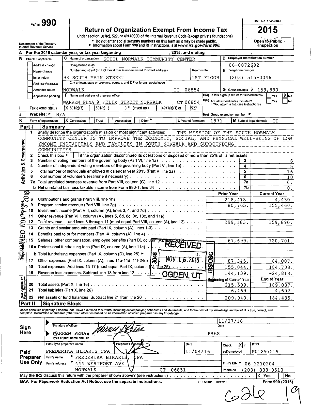 Image of first page of 2015 Form 990 for South Norwalk Community Center