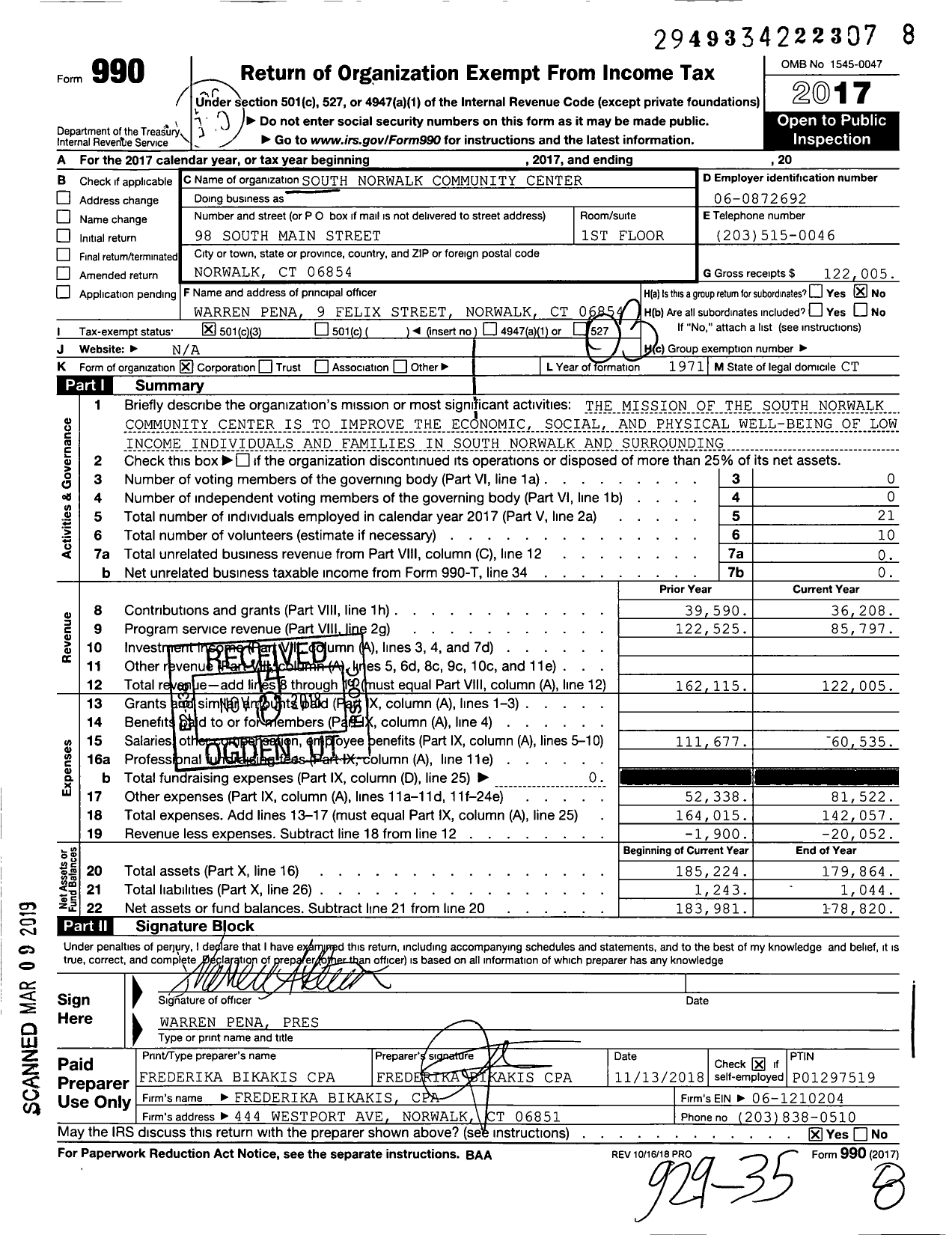 Image of first page of 2017 Form 990 for South Norwalk Community Center