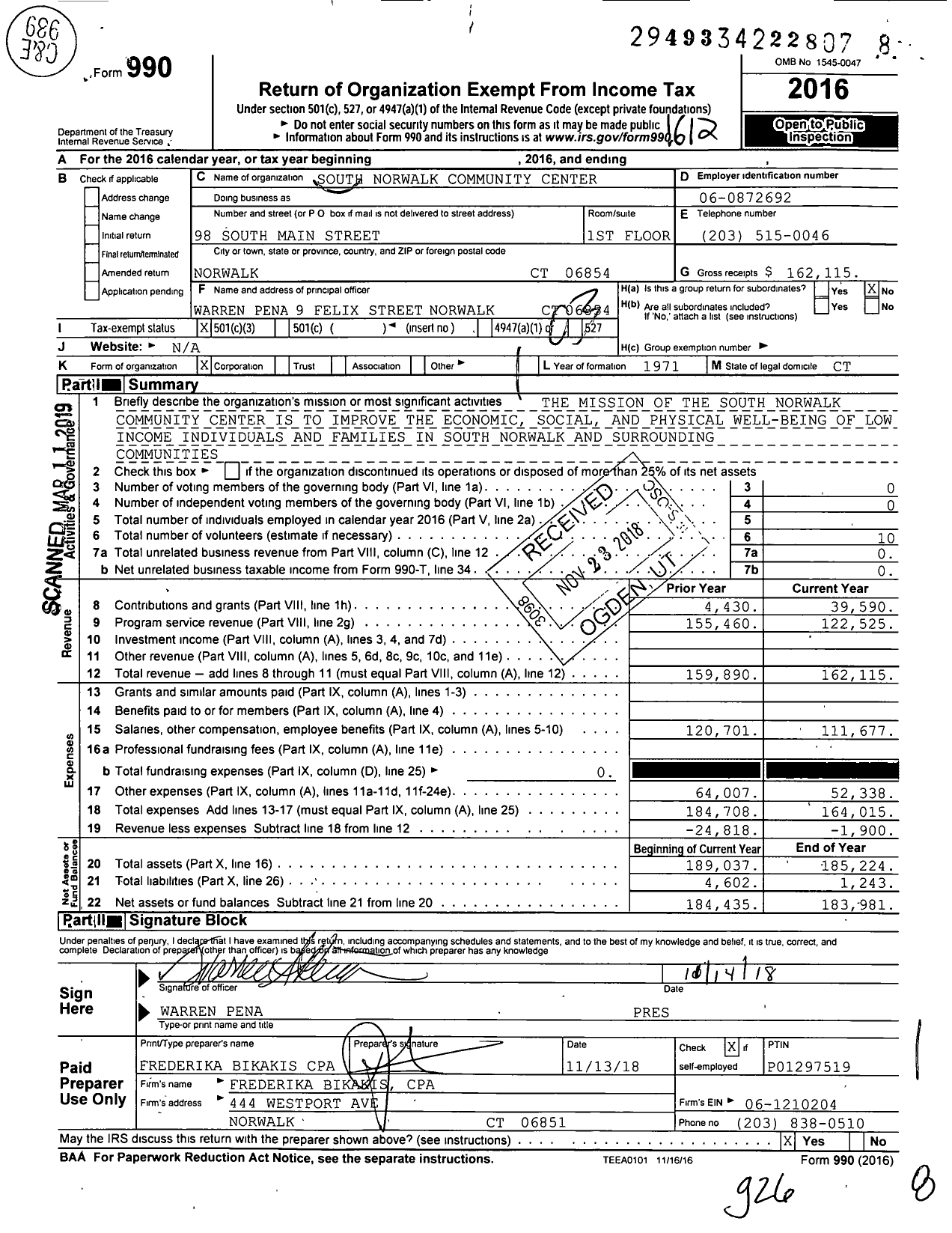 Image of first page of 2016 Form 990 for South Norwalk Community Center