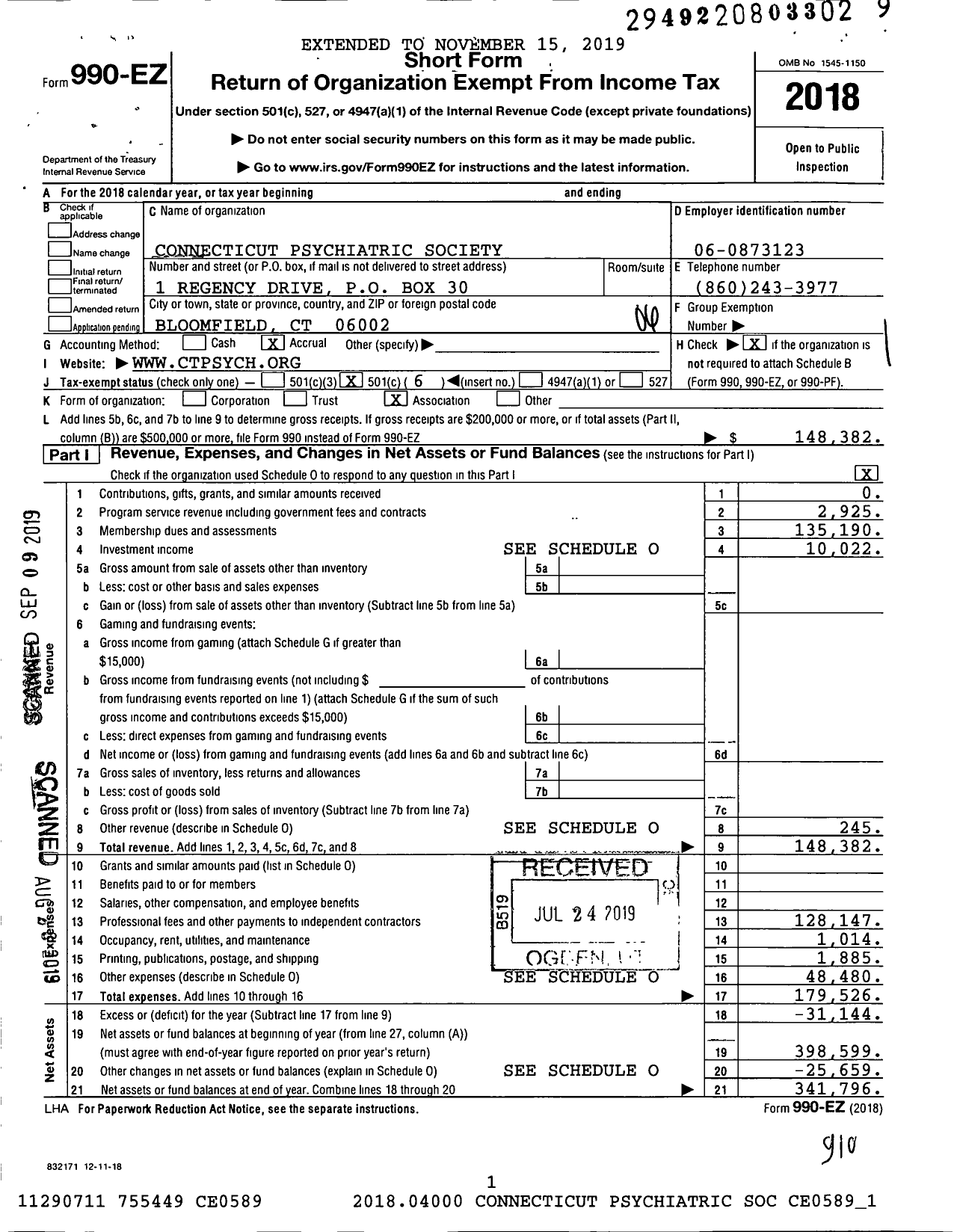 Image of first page of 2018 Form 990EO for Connecticut Psychiatric Society