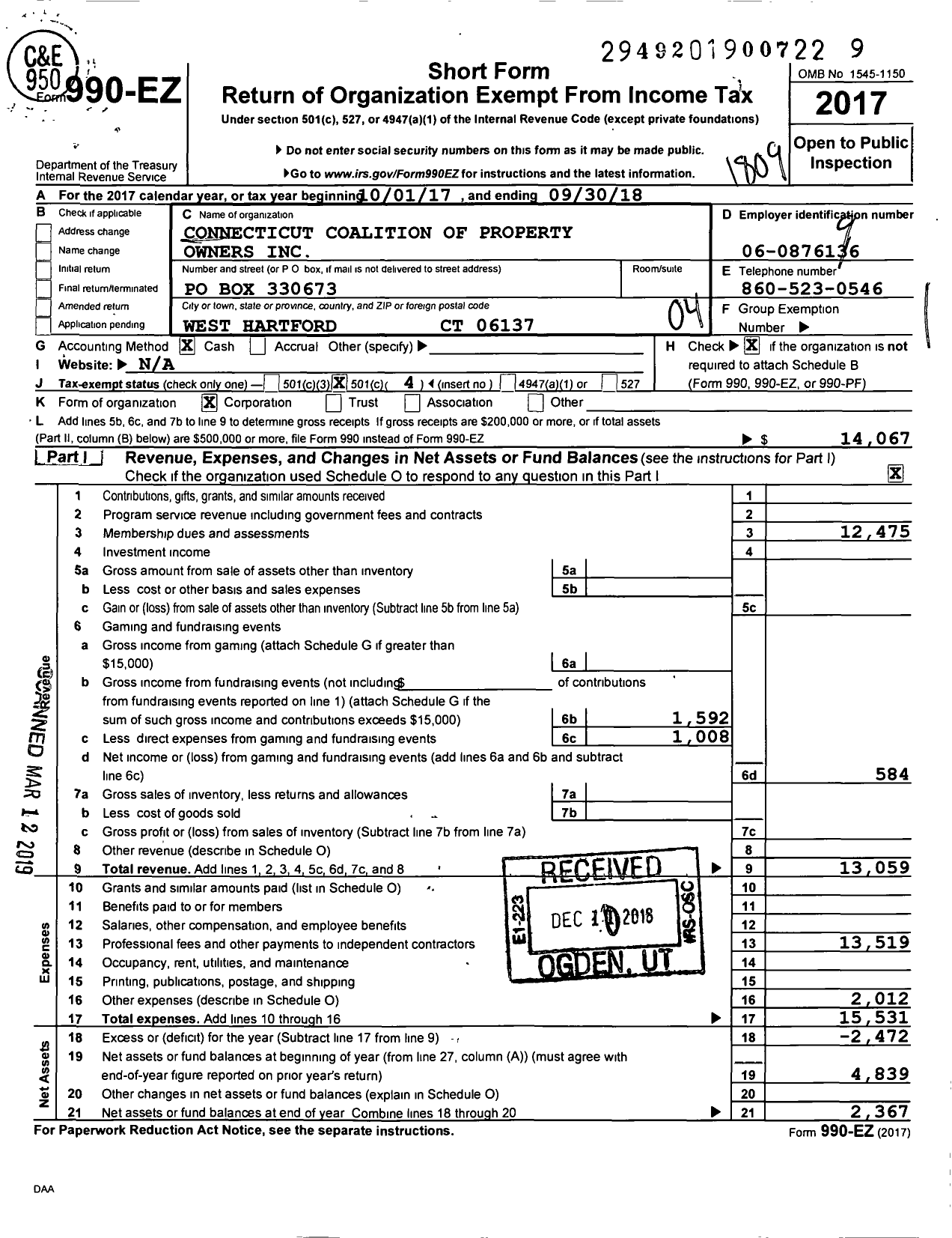 Image of first page of 2017 Form 990EO for Connecticut Coalition of Property Owners