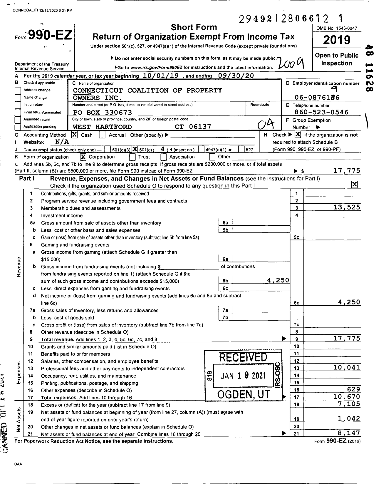 Image of first page of 2019 Form 990EO for Connecticut Coalition of Property Owners