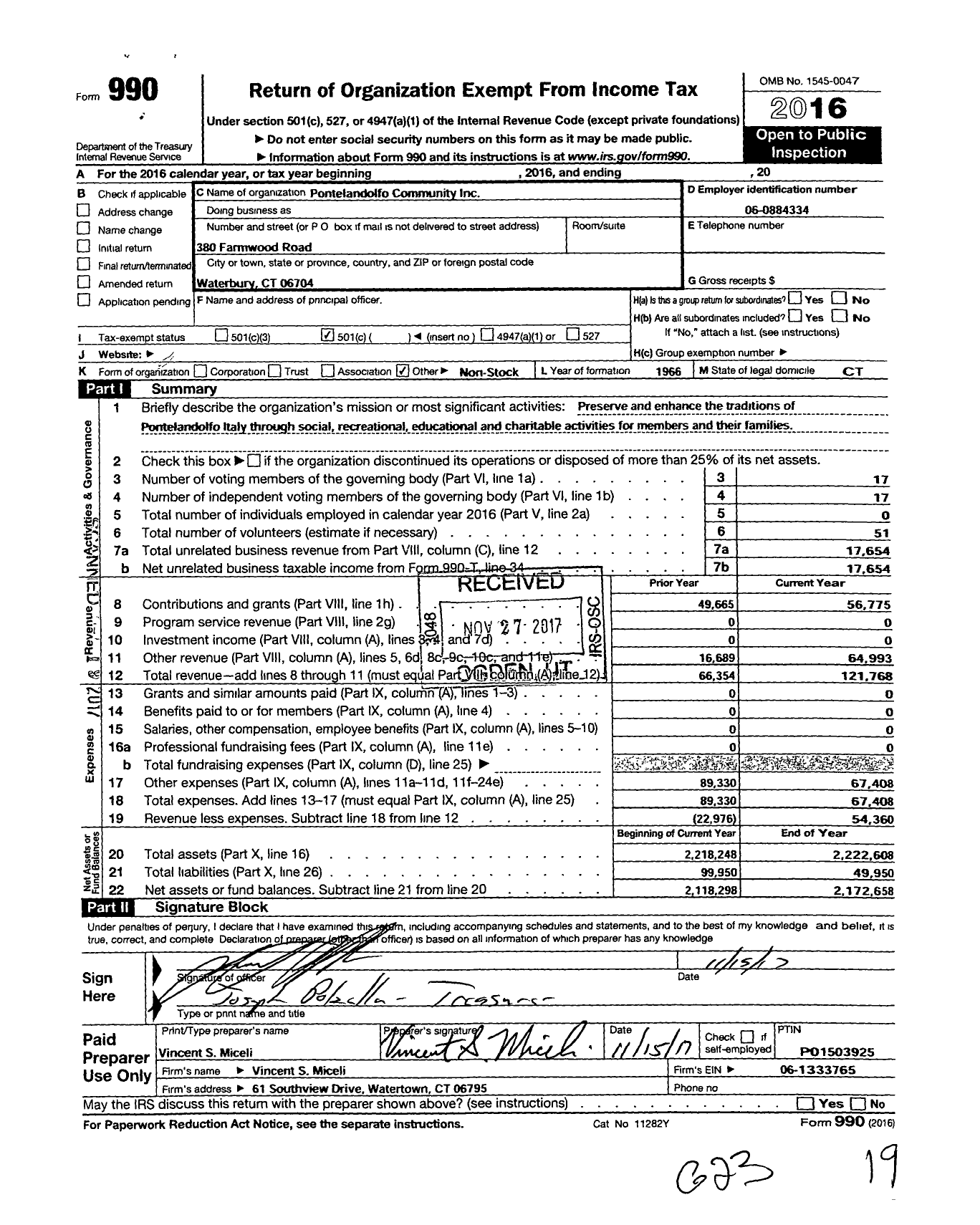 Image of first page of 2016 Form 990O for Pontelandolfo Community Pontelandolfo Community