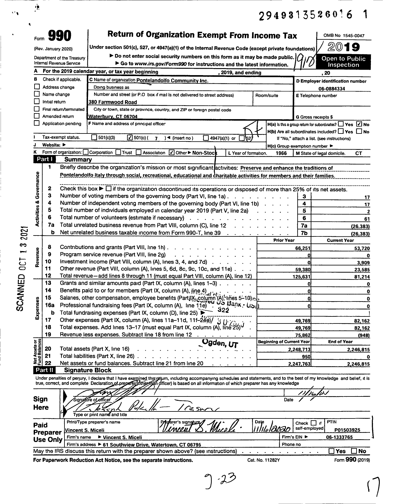 Image of first page of 2019 Form 990O for Pontelandolfo Community Pontelandolfo Community