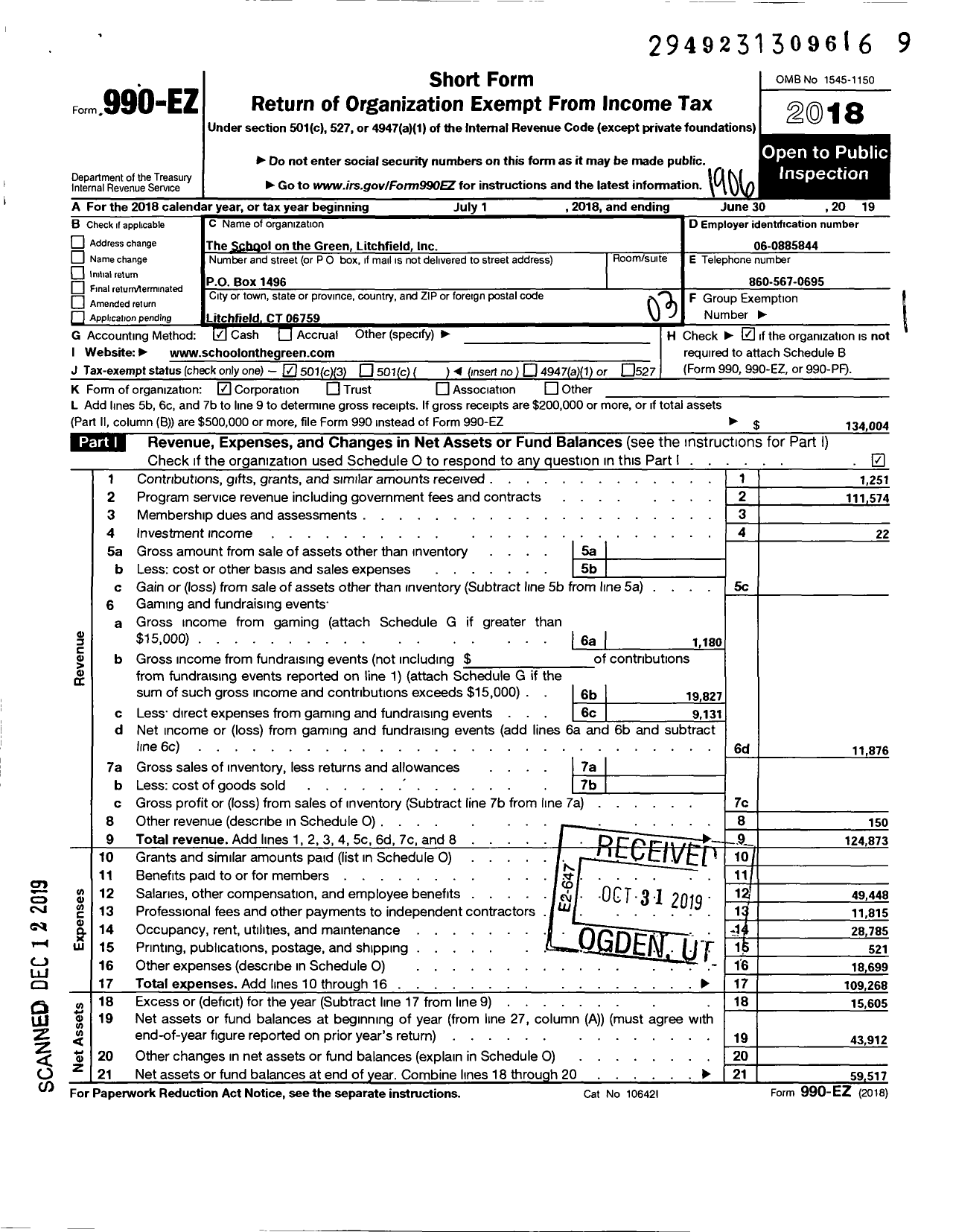 Image of first page of 2018 Form 990EZ for School on the Green