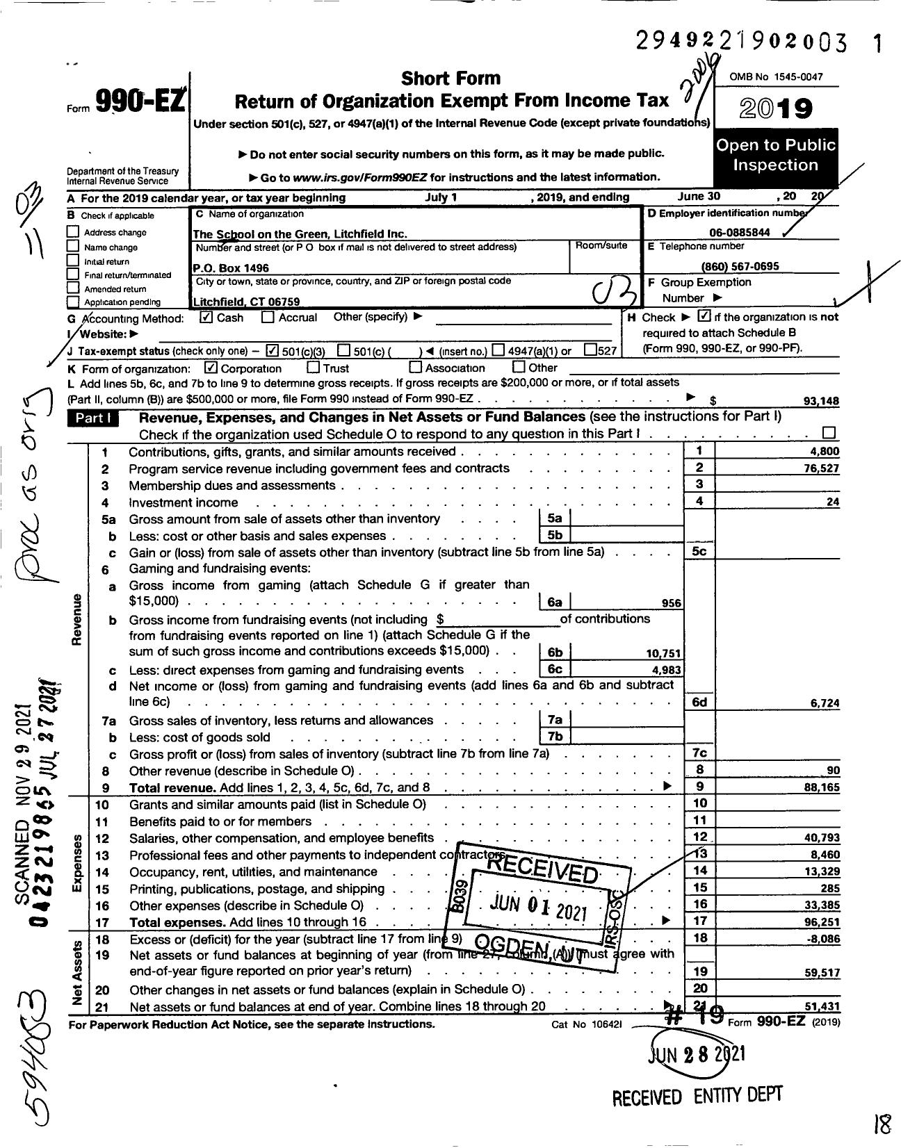 Image of first page of 2019 Form 990EZ for School on the Green