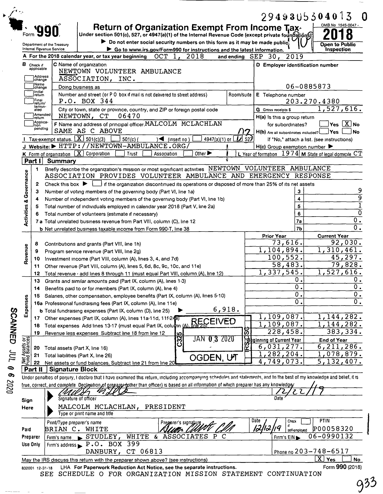 Image of first page of 2018 Form 990 for Newtown Volunteer Ambulance Association