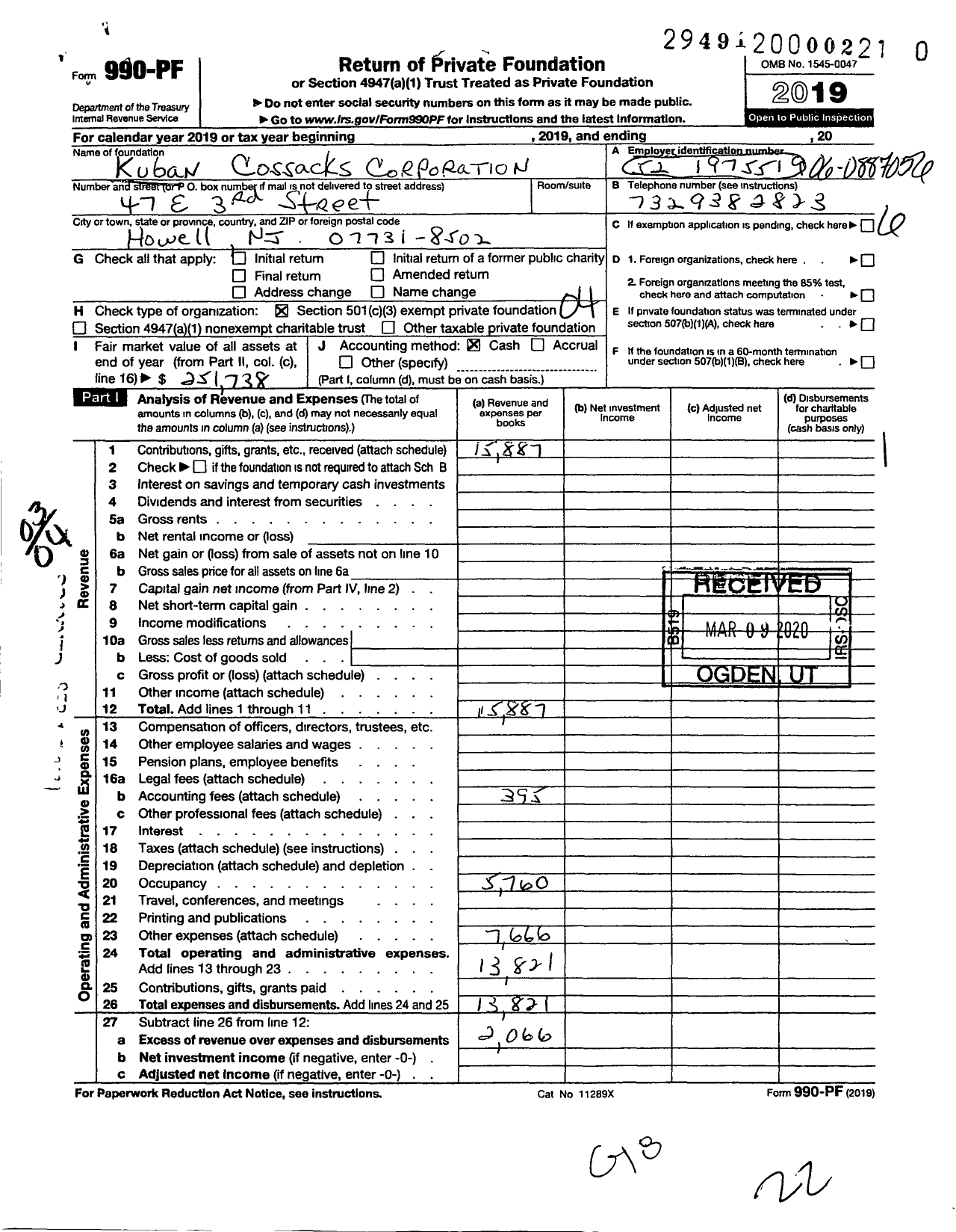 Image of first page of 2019 Form 990PR for Kuban Cossacks Corporation