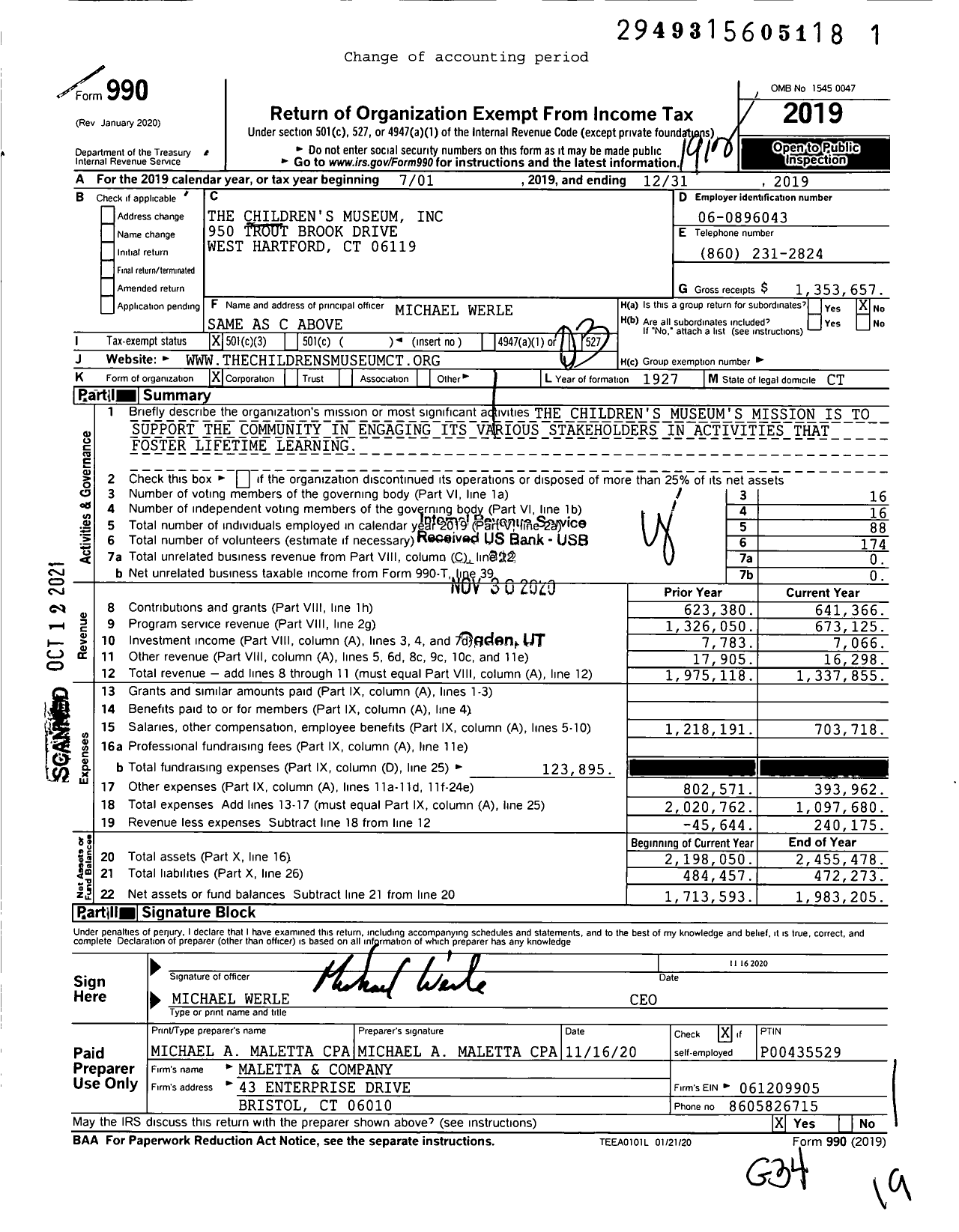 Image of first page of 2019 Form 990 for Children's Museum