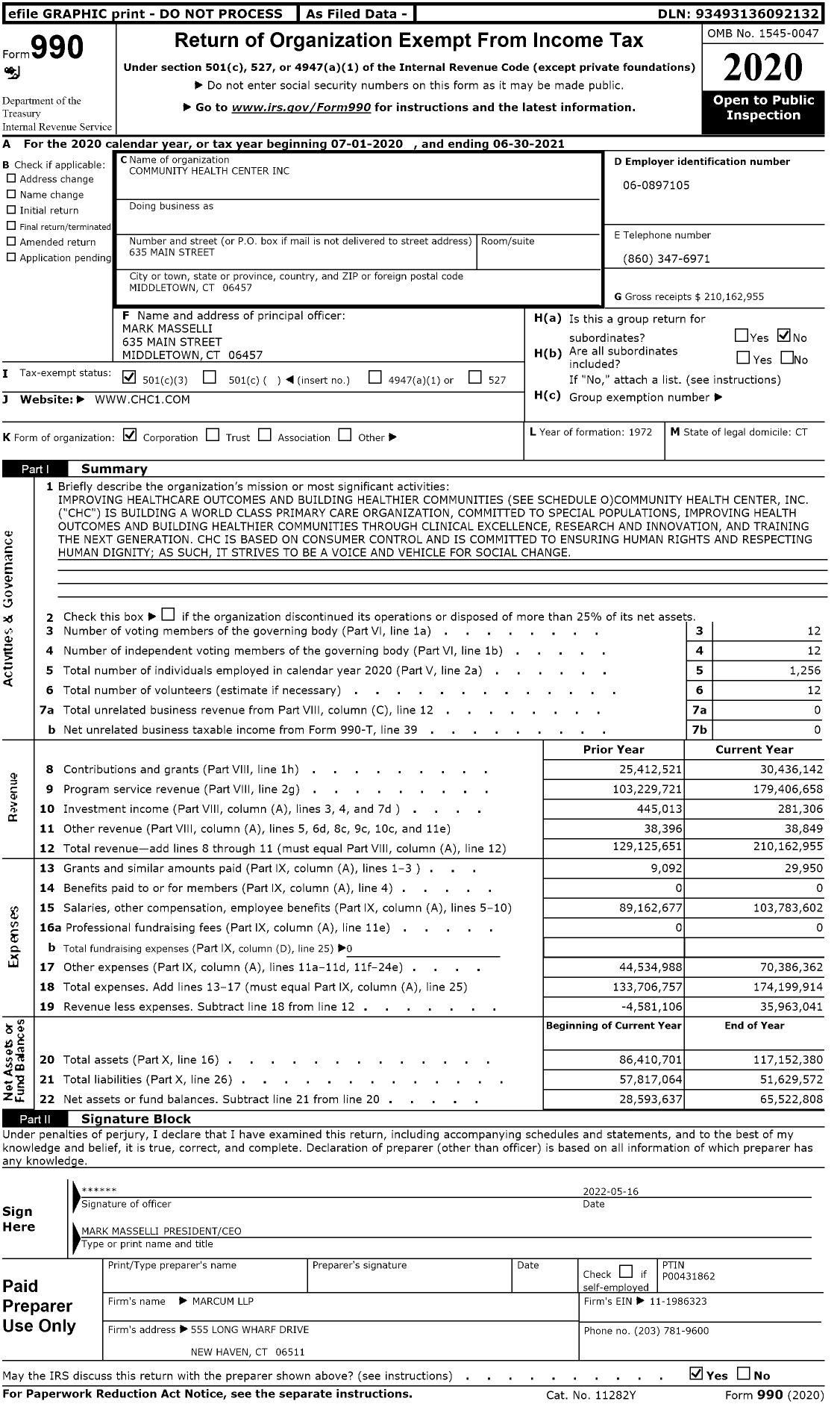 Image of first page of 2020 Form 990 for Community Health Center (CHC)