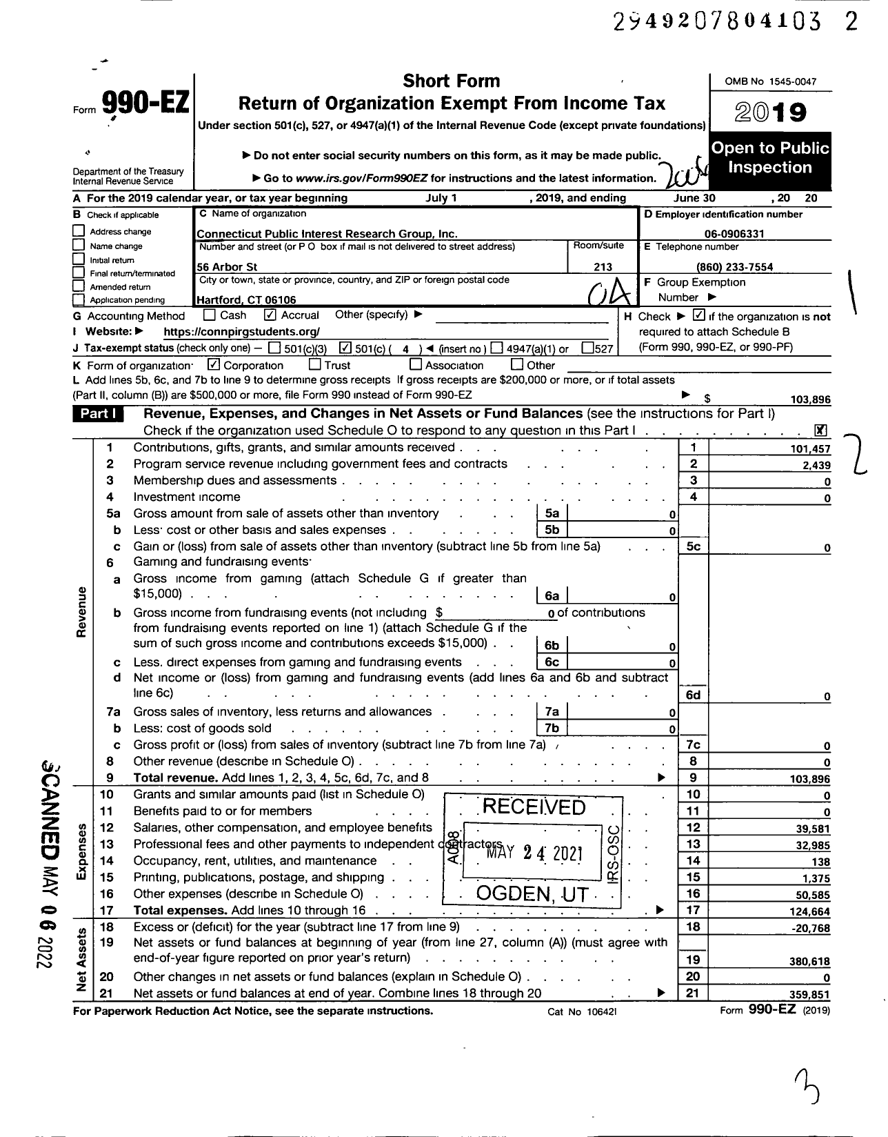 Image of first page of 2019 Form 990EO for Connecticut Public Interest Research Group