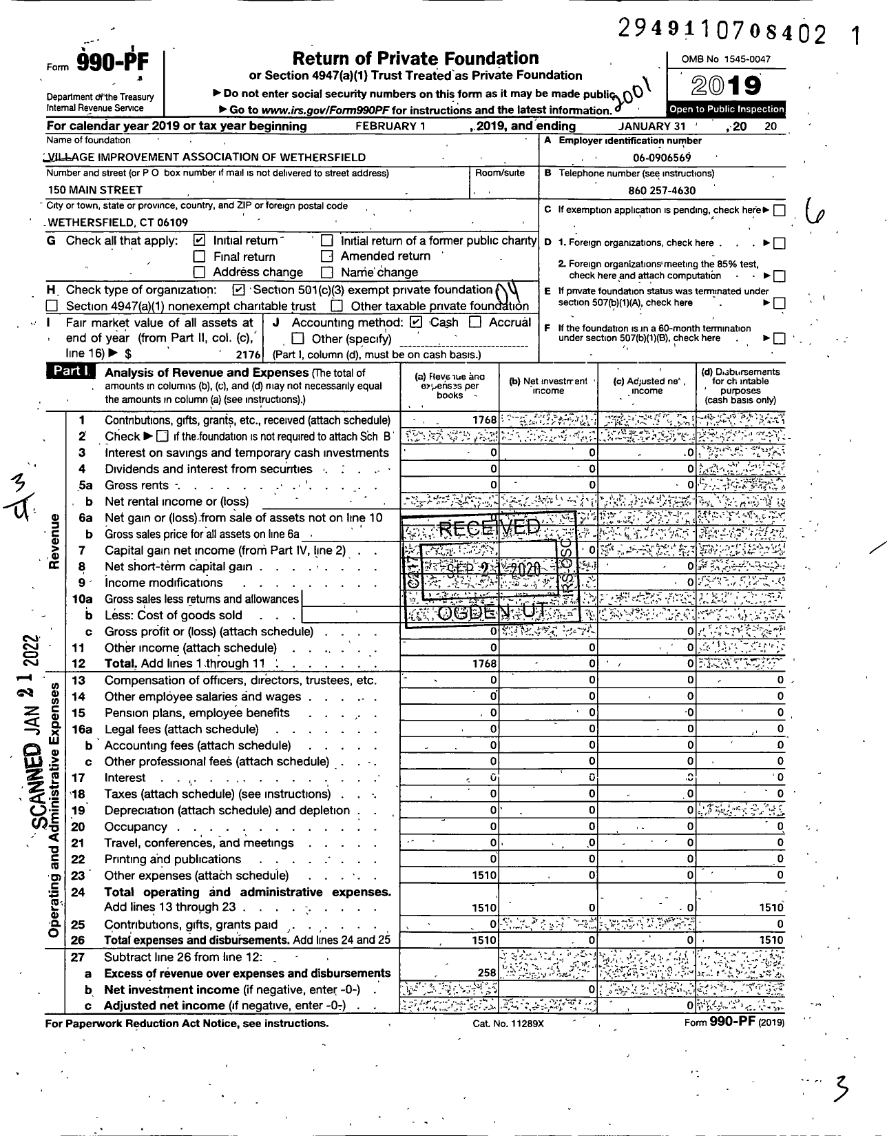 Image of first page of 2019 Form 990PF for Village Improvement Association of Wethersfield