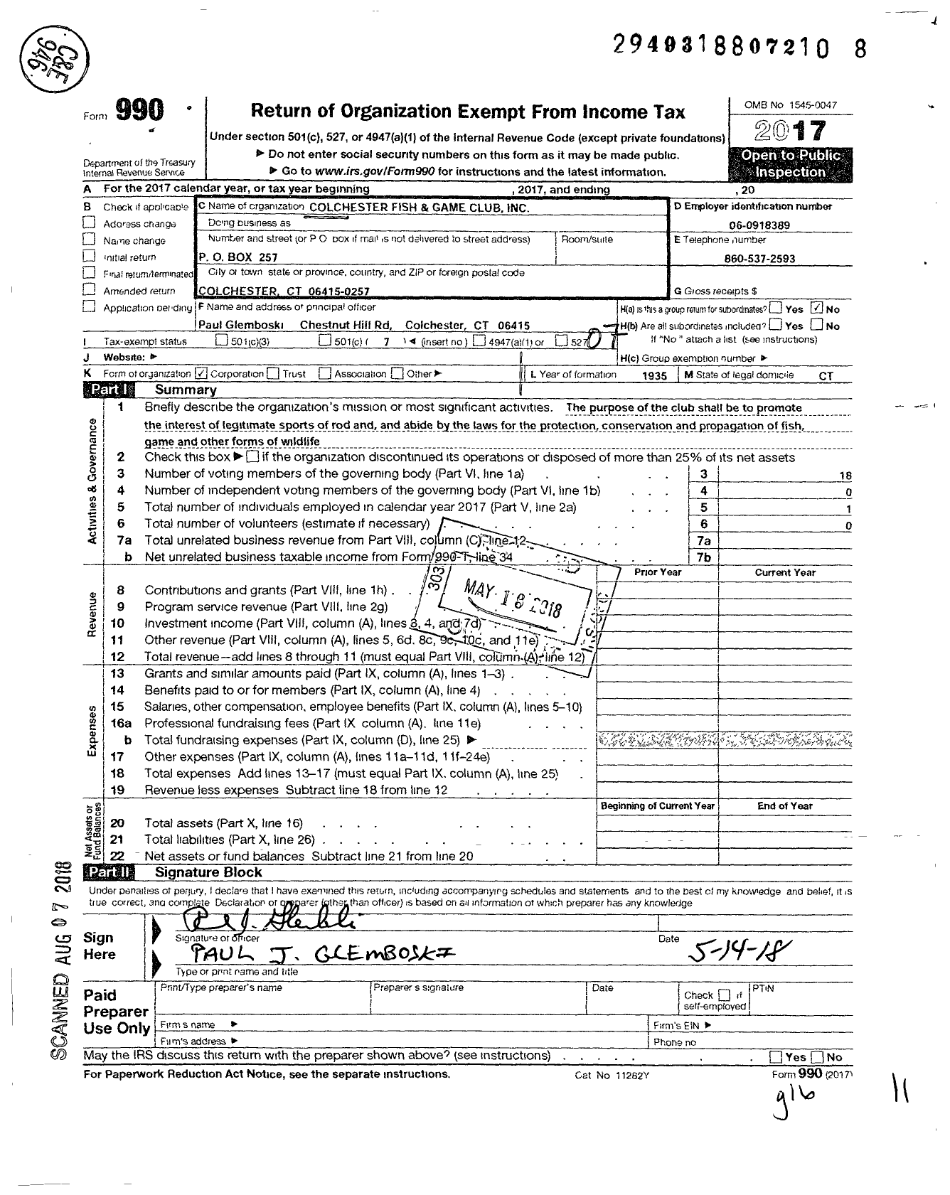 Image of first page of 2017 Form 990O for Colchester Fish and Game Club