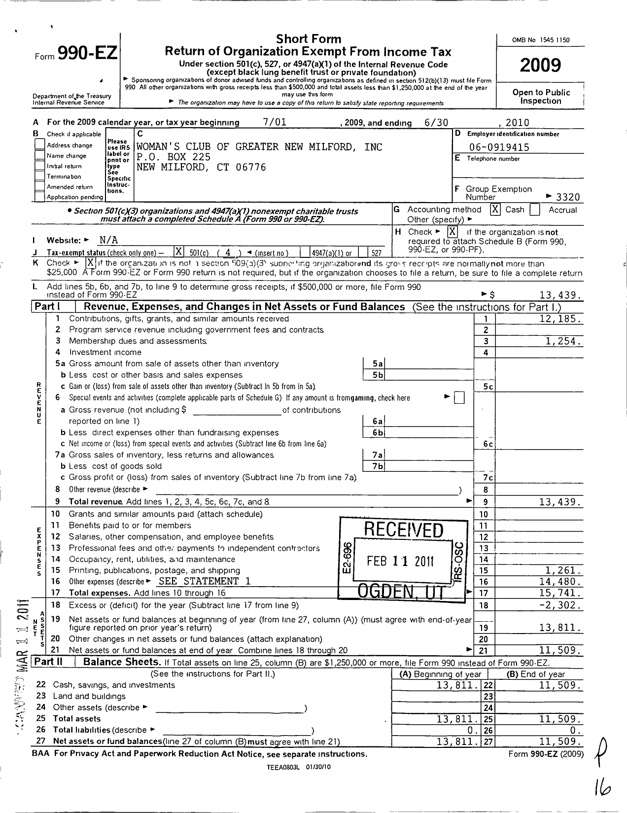 Image of first page of 2009 Form 990EO for General Federation of Womens Club