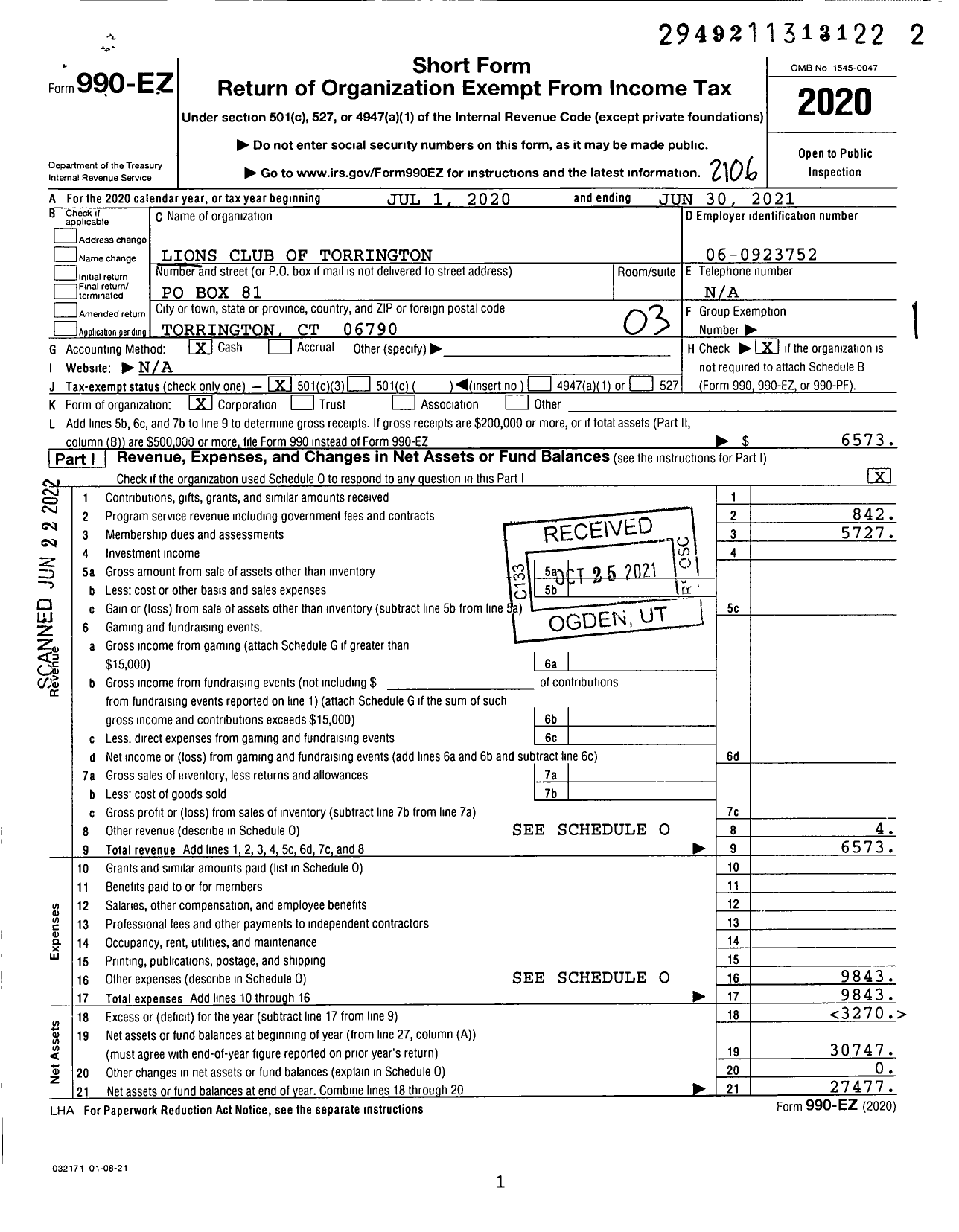 Image of first page of 2020 Form 990EZ for International Association of Lions Clubs