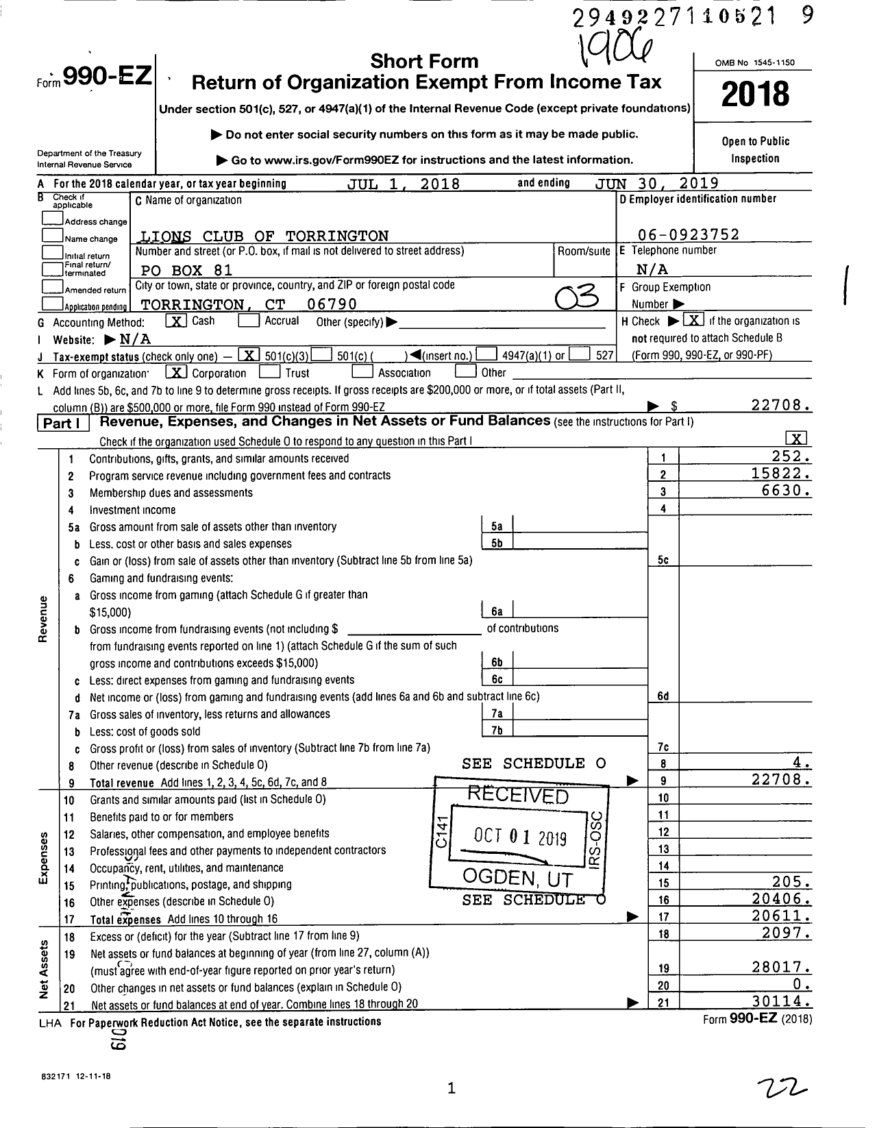 Image of first page of 2018 Form 990EZ for International Association of Lions Clubs