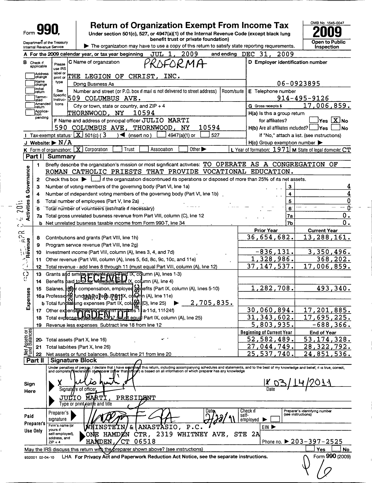 Image of first page of 2009 Form 990 for Legion of Christ Proforma