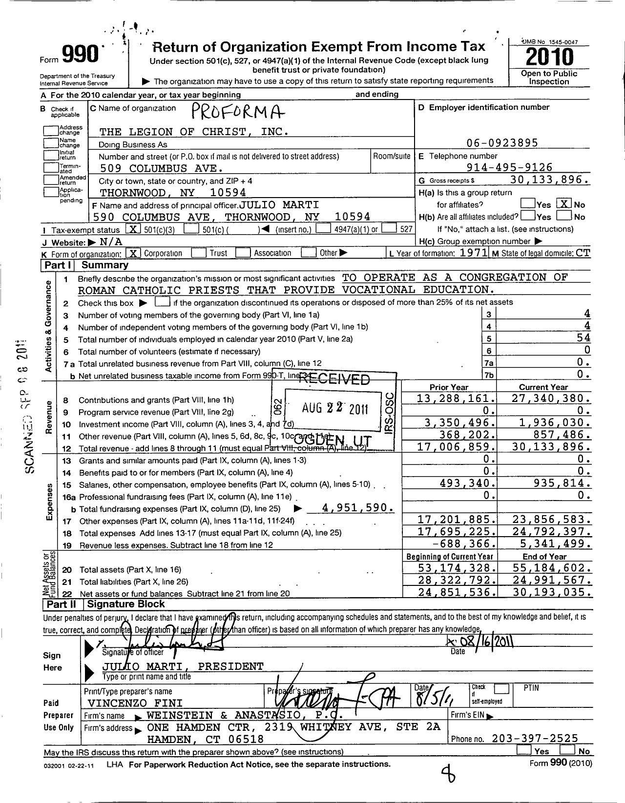 Image of first page of 2010 Form 990 for Legion of Christ Proforma