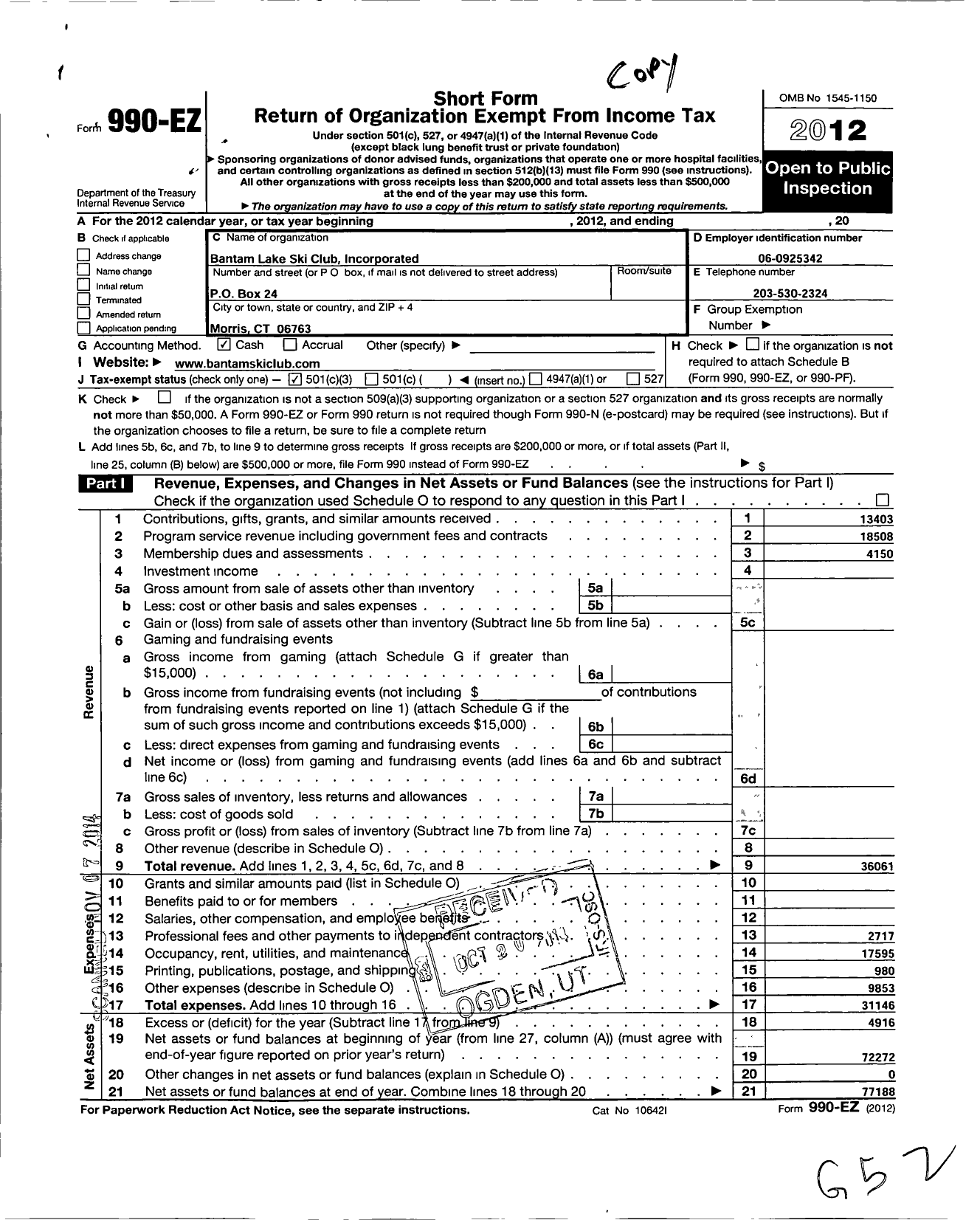 Image of first page of 2012 Form 990EZ for Bantam Lake Ski Club Incorporated