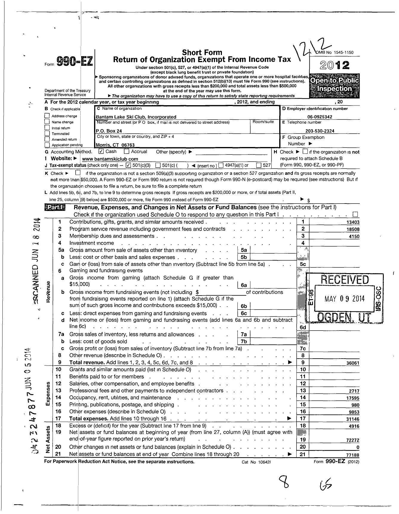 Image of first page of 2012 Form 990EZ for Bantam Lake Ski Club Incorporated