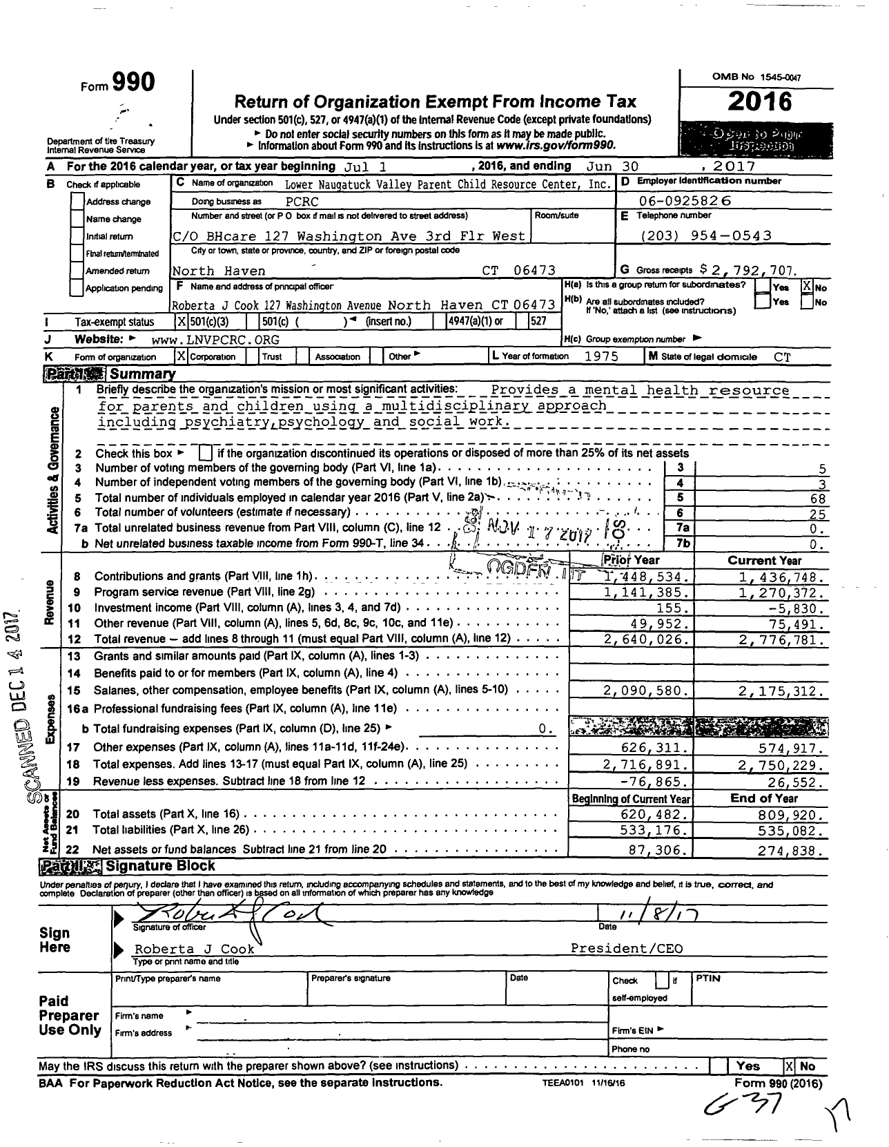 Image of first page of 2016 Form 990 for Lower Naugatuck Valley Parent Child Resource Center