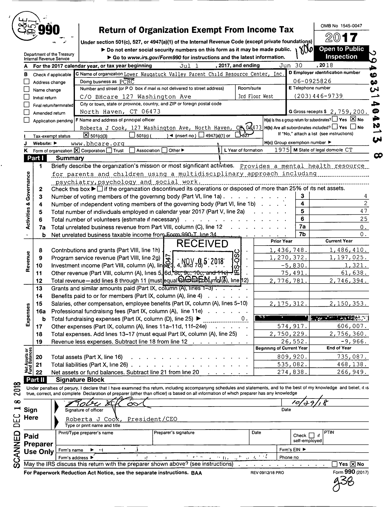 Image of first page of 2017 Form 990 for Lower Naugatuck Valley Parent Child Resource Center