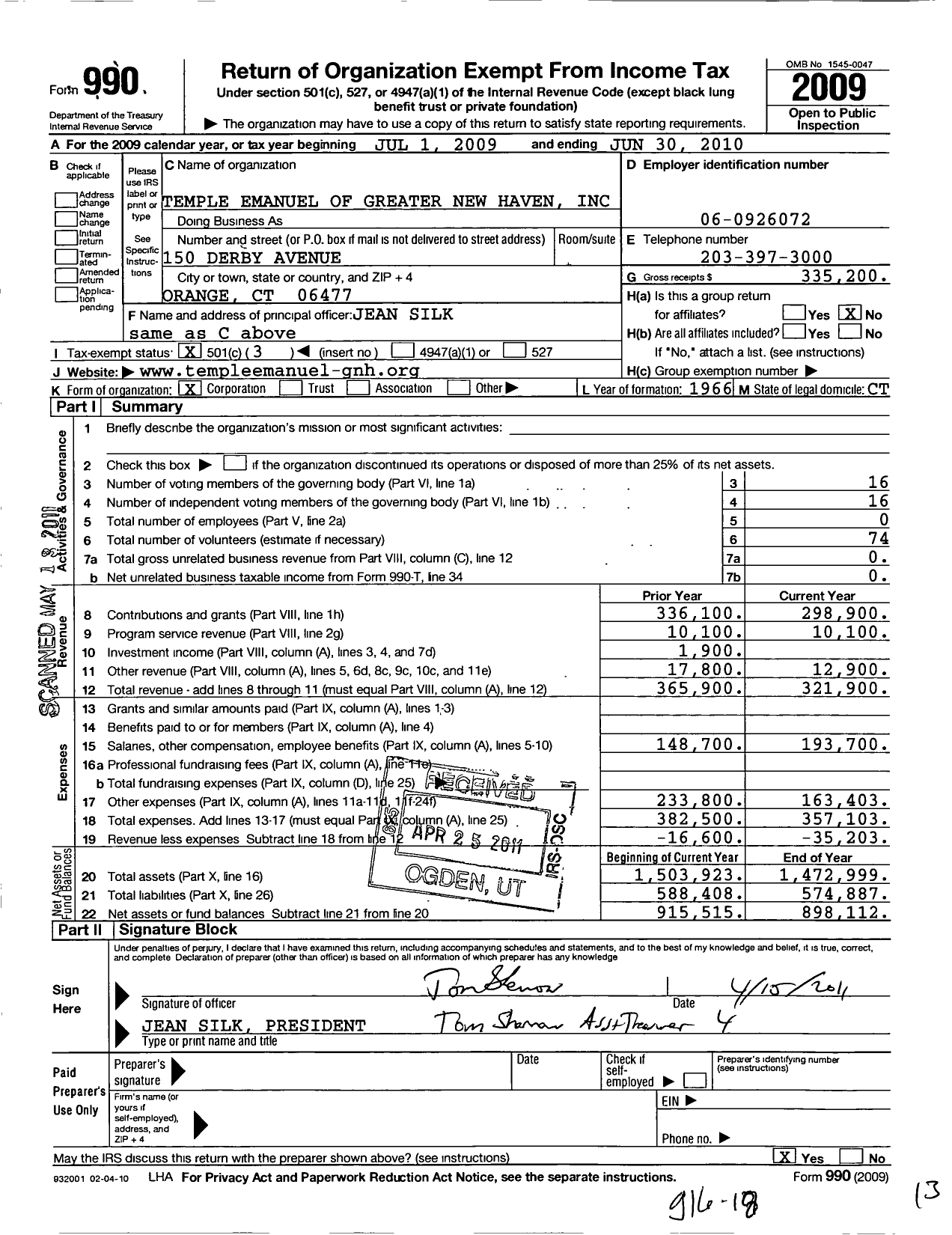 Image of first page of 2009 Form 990 for Temple Emanuel of Greater New Haven