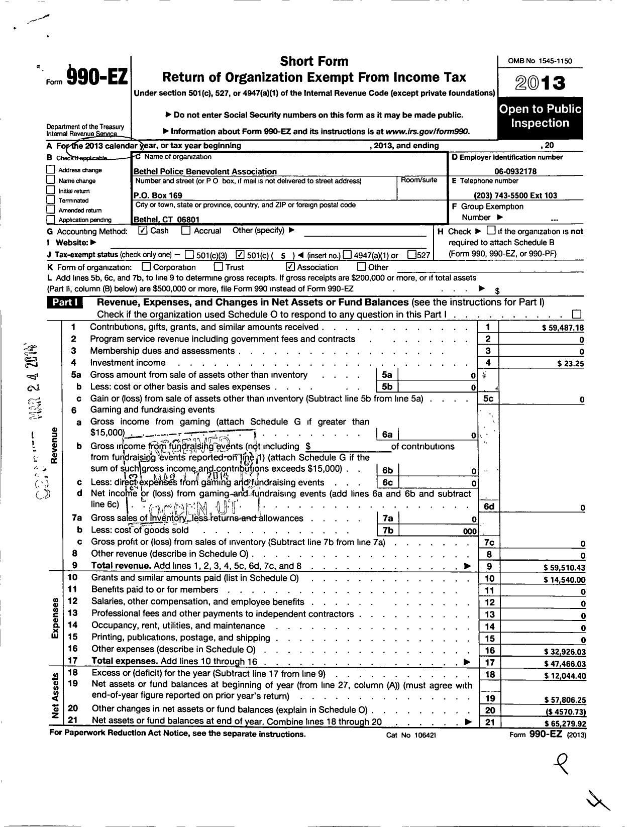 Image of first page of 2013 Form 990EO for Bethel Police Benevolant Association