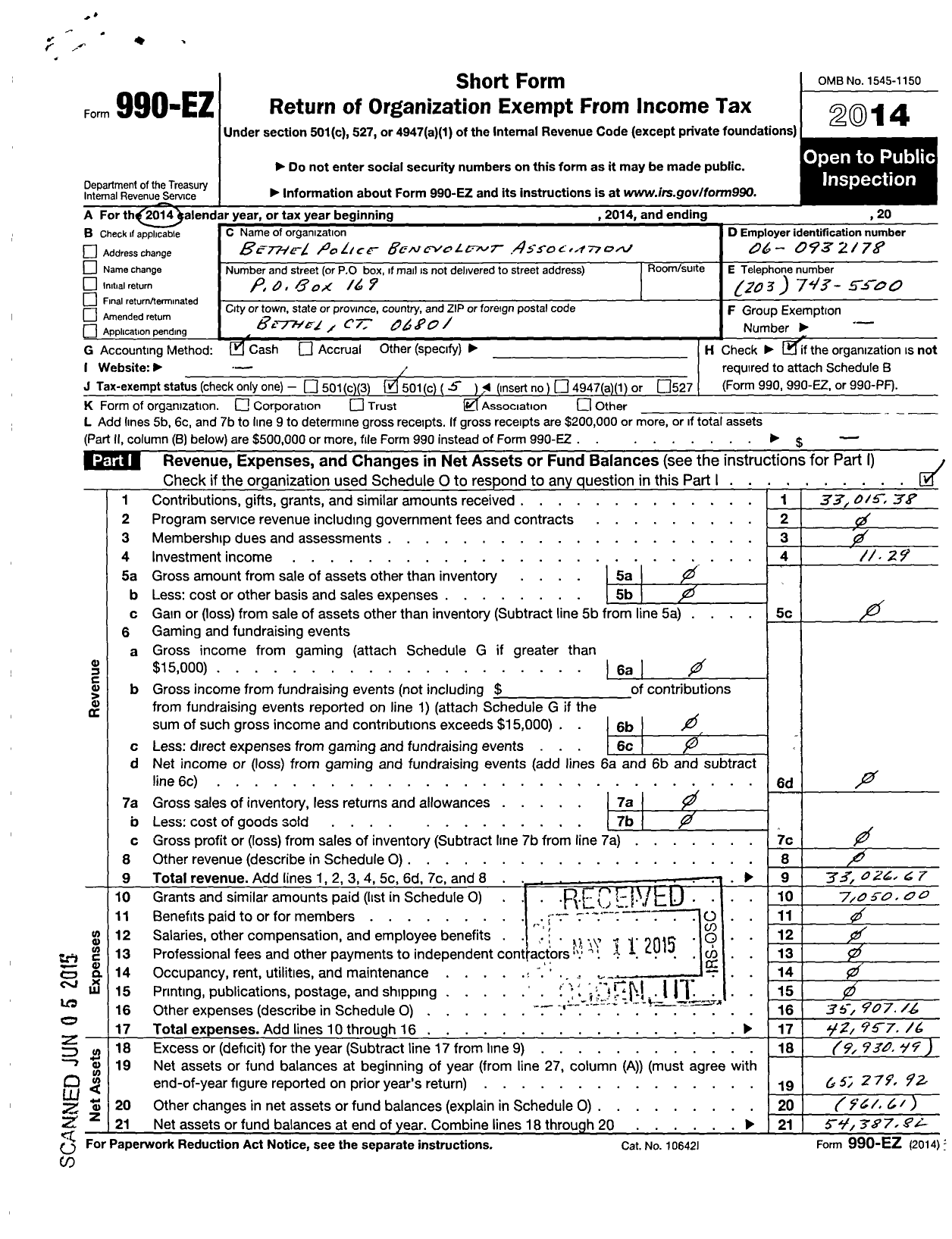 Image of first page of 2014 Form 990EO for Bethel Police Benevolant Association