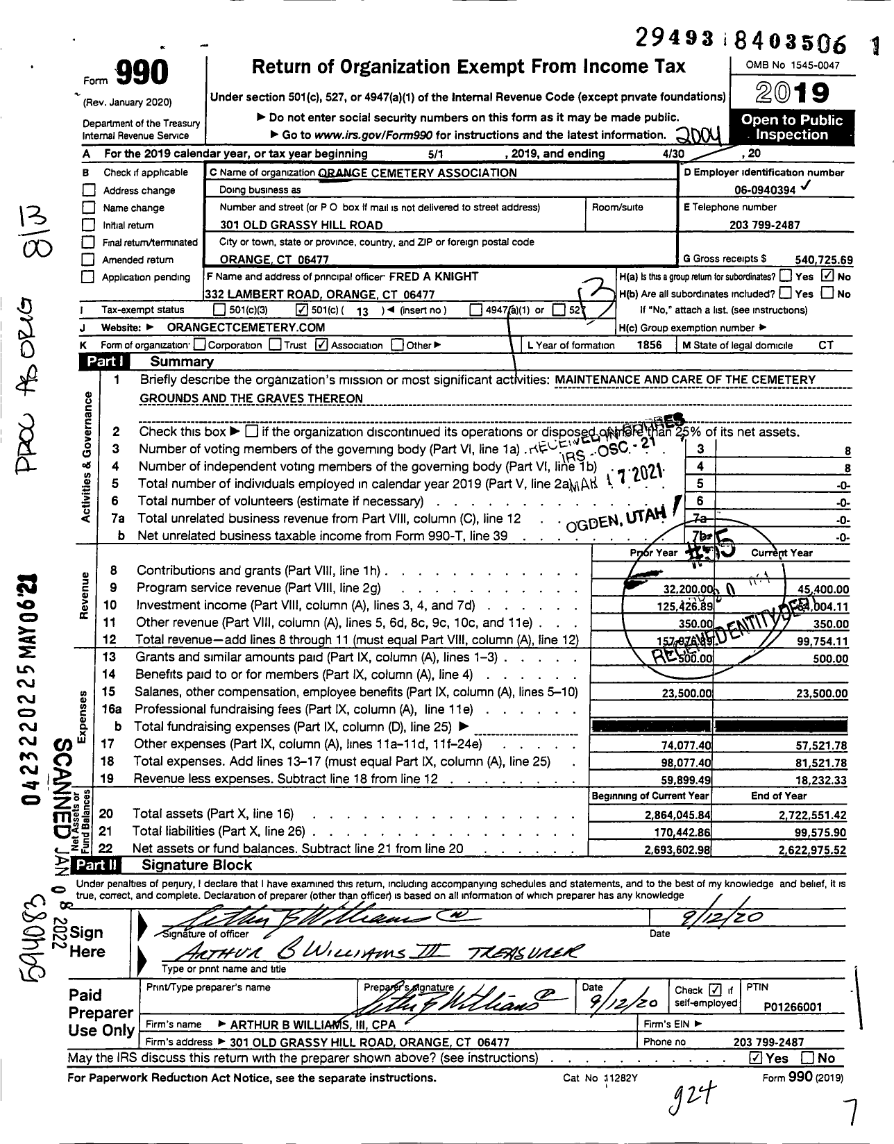 Image of first page of 2019 Form 990O for Orange Cemetery Association