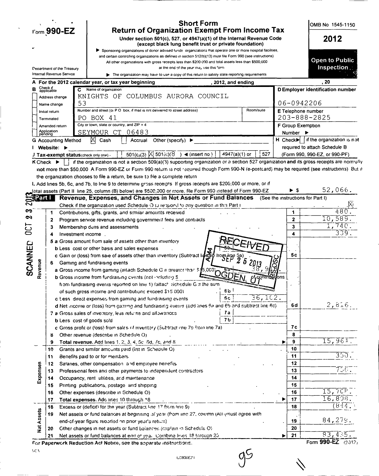 Image of first page of 2012 Form 990EO for Knights of Columbus - 53 Aurora Council