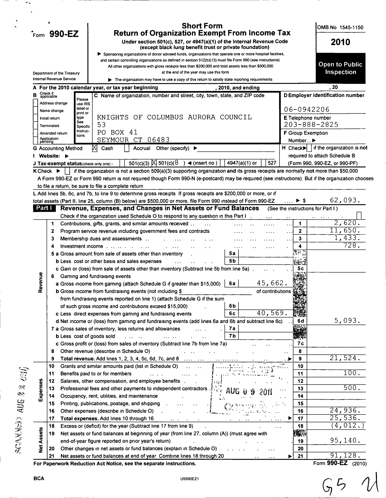 Image of first page of 2010 Form 990EO for Knights of Columbus - 53 Aurora Council